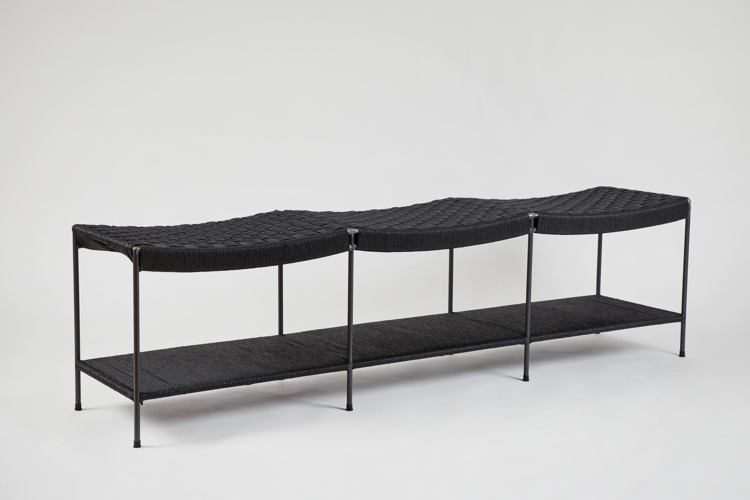 Modern Three Seat Double Rail Handwoven Grid-Weave Danish Cord Bench with Shelf For Sale