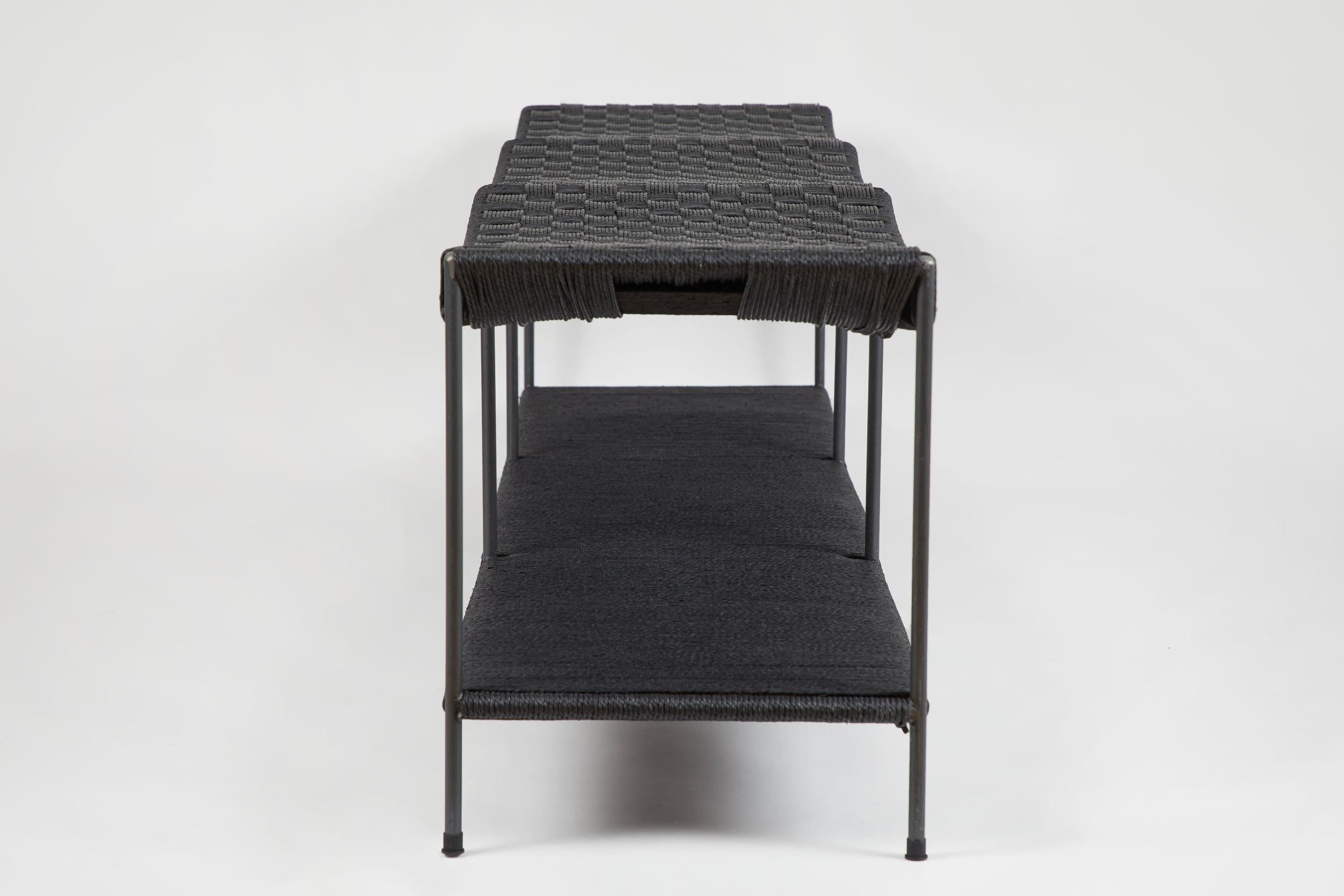 Woven Three Seat Double Rail Handwoven Grid-Weave Danish Cord Bench with Shelf For Sale
