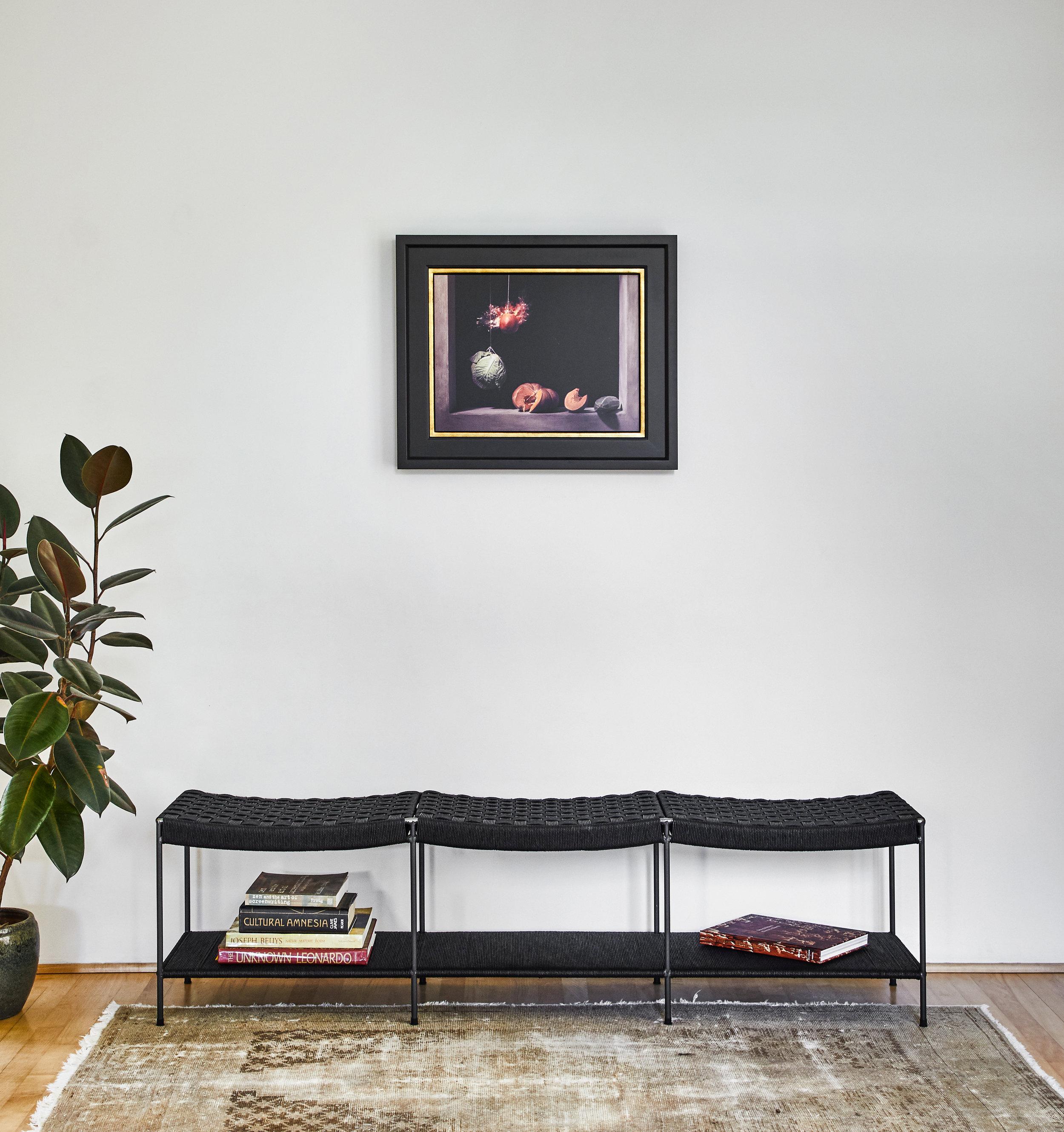 Three Seat Double Rail Handwoven Grid-Weave Danish Cord Bench with Shelf In New Condition For Sale In Venice, CA