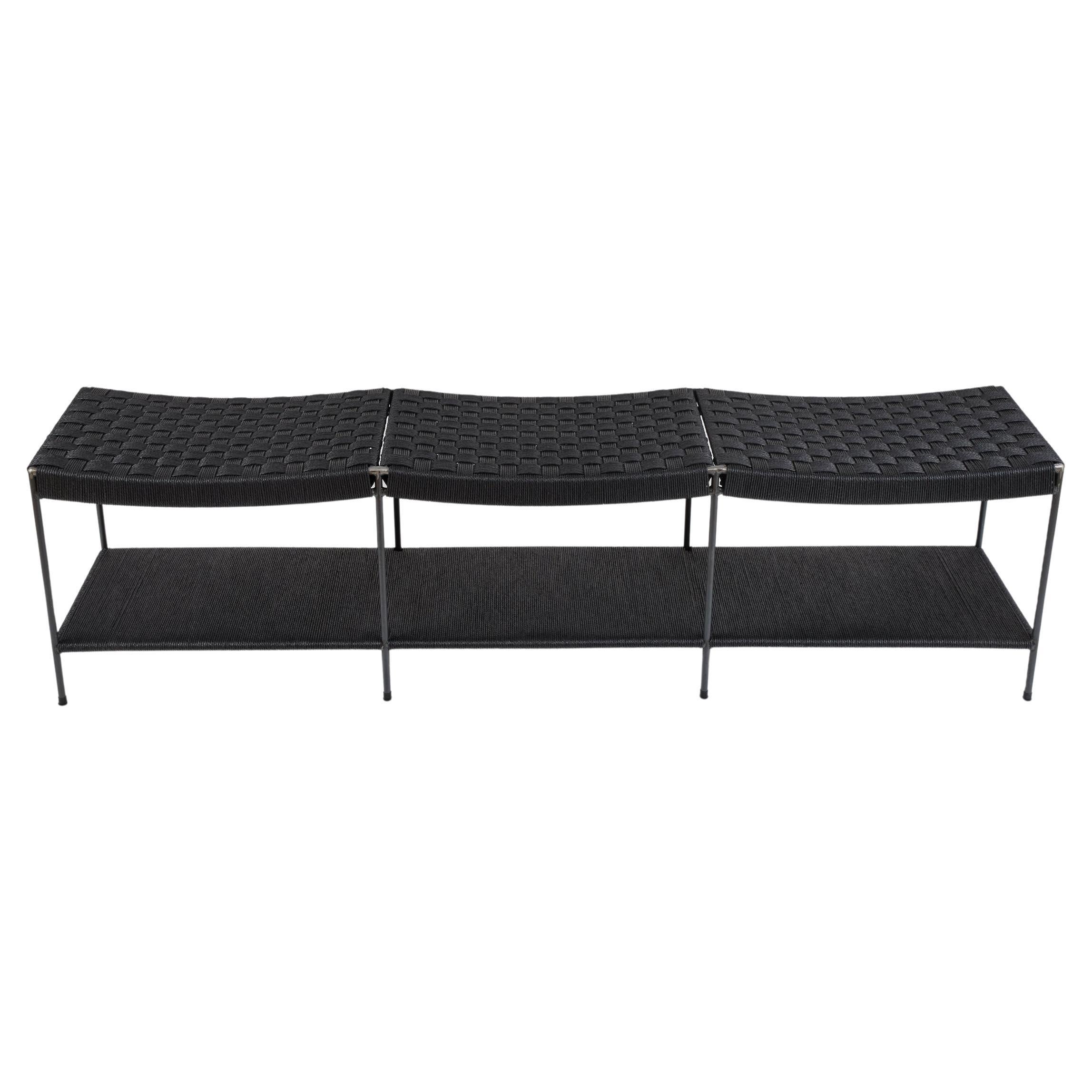 Three Seat Double Rail Handwoven Grid-Weave Danish Cord Bench with Shelf