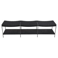 Three Seat Double Rail Handwoven Grid-Weave Danish Cord Bench with Shelf