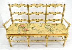 Three Seat Hand Painted Rush Seat Floral Upholstery Cushion Bench MINT!
