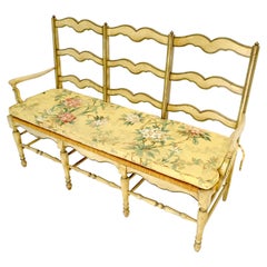 Three Seat Hand Painted Rush Seat Floral Upholstery Cushion Bench MINT!