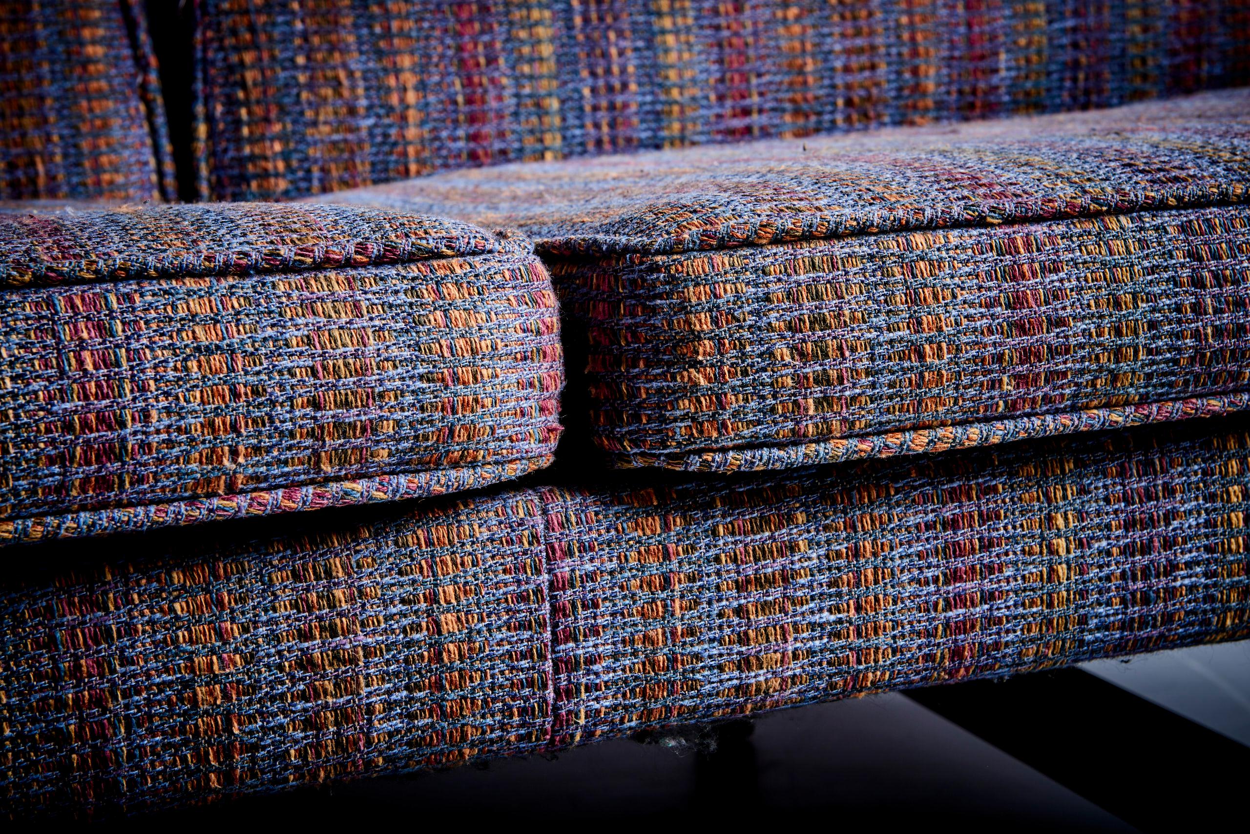 Mid-Century Modern Three-Seat Jens Risom Sofa for Risom Design Inc multicolored fabric with stripes For Sale
