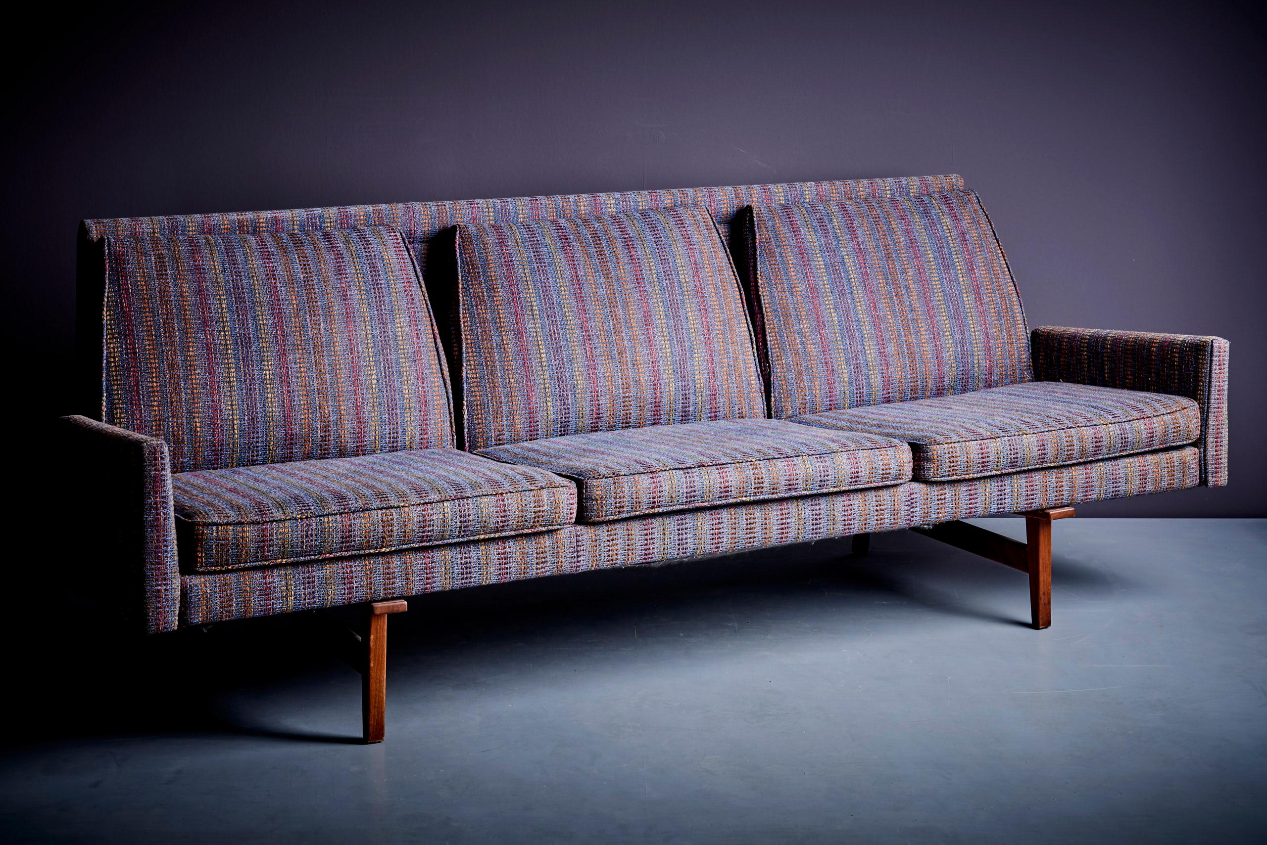 Fabric Three-Seat Jens Risom Sofa for Risom Design Inc multicolored fabric with stripes For Sale