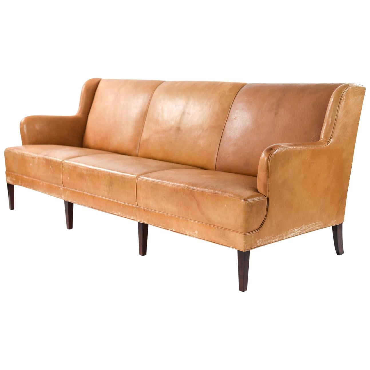 Three-Seat Leather and Mahogany Sofa by Frits Henningsen, 1930s For Sale