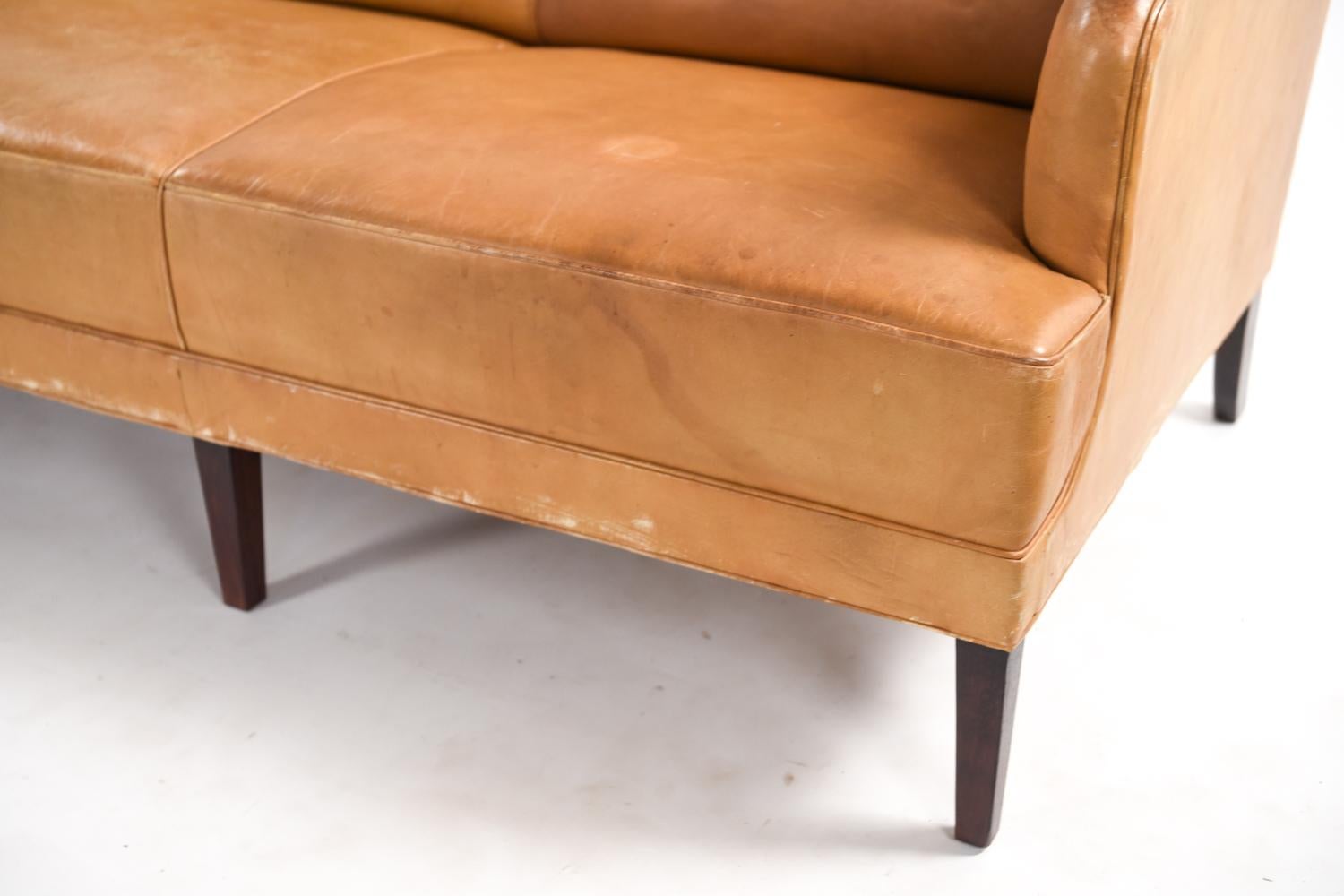 Mid-20th Century Three-Seat Leather and Mahogany Sofa by Frits Henningsen, 1930s
