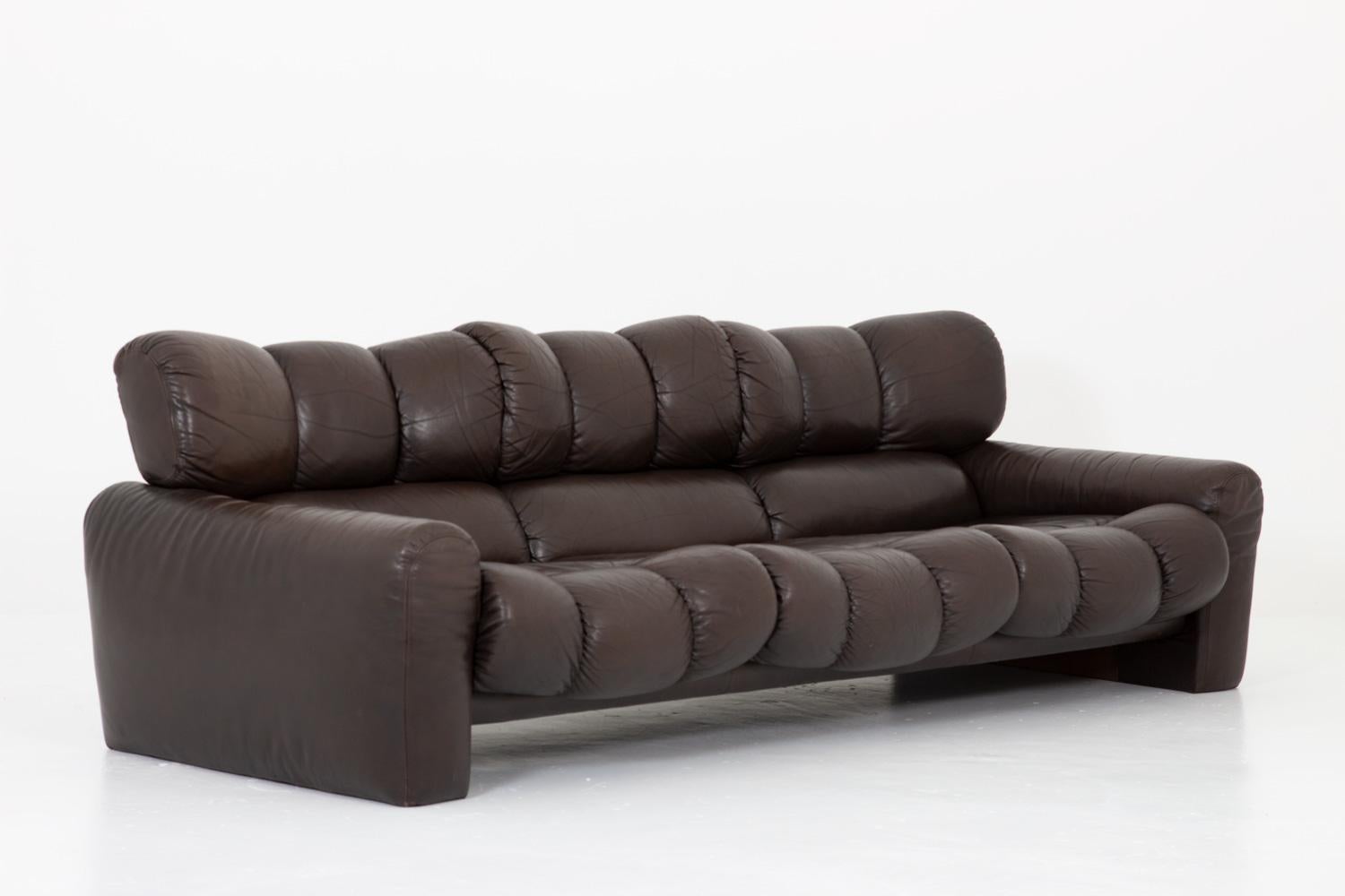 Rare sofa designed by by Tongiani Stefanos for Elleduemila, manufactured on license by IKEA in 1973.
This sofa is upholstered in brown leather and is constructed with a high sense of quality and design. 
A matching arm chair is also available.