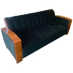Three-Seat Midcentury Style Re-Upholstered Sofa in Macassar Wood