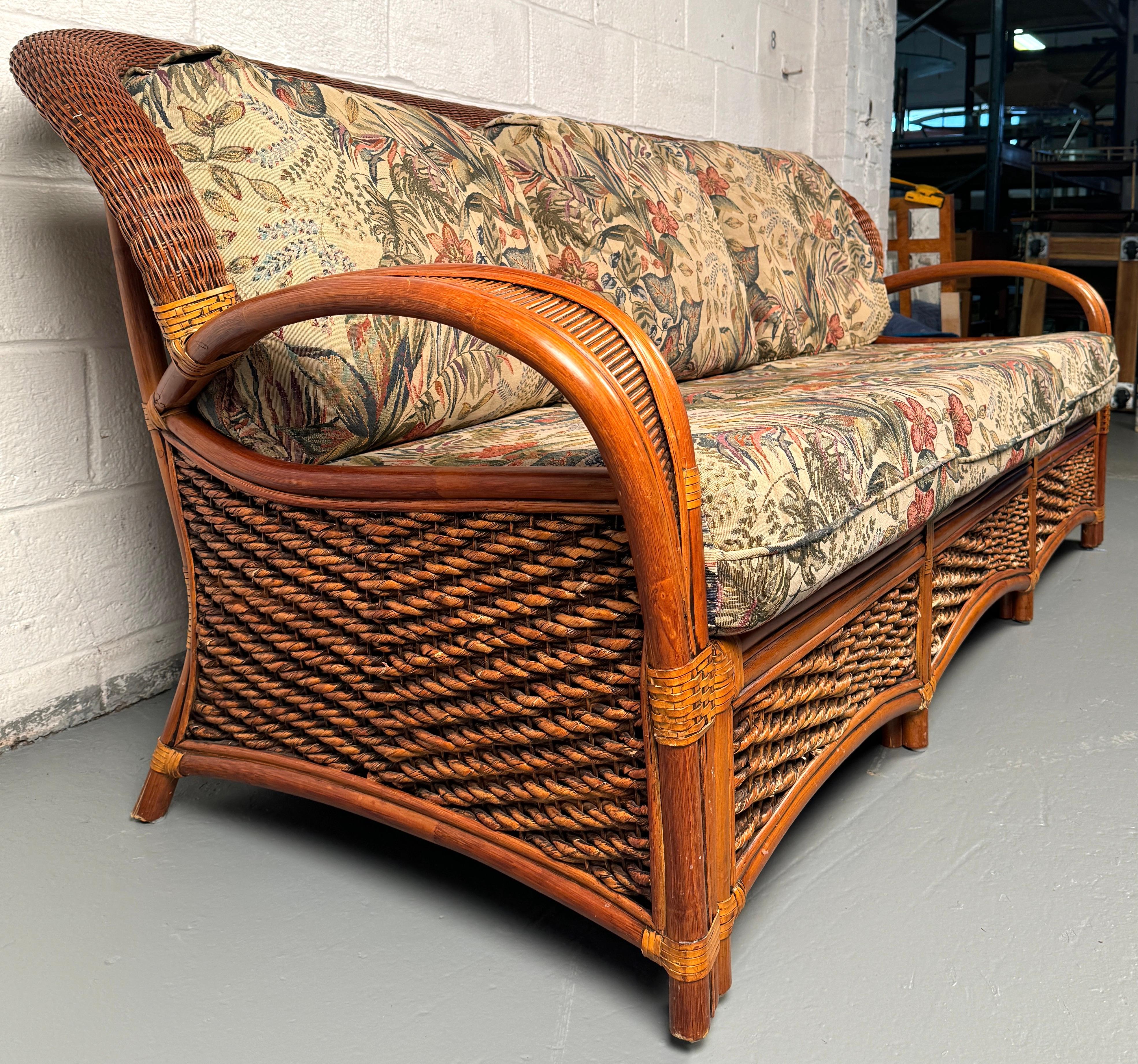 Mid-Century Modern Three Seat Rattan Sofa By Palm Springs For Sale