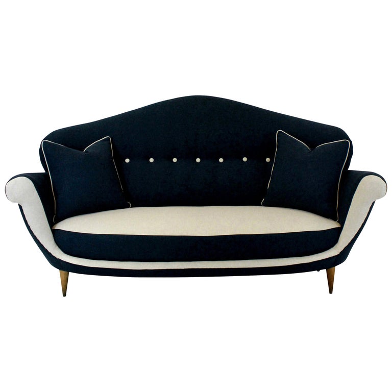 ThreeSeat Sculptural Milanese Midcentury Sofa in TwoTone Fabric For