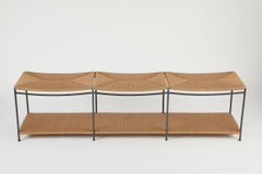 Three Seat Single Rail Handwoven Rush Bench with Shelf