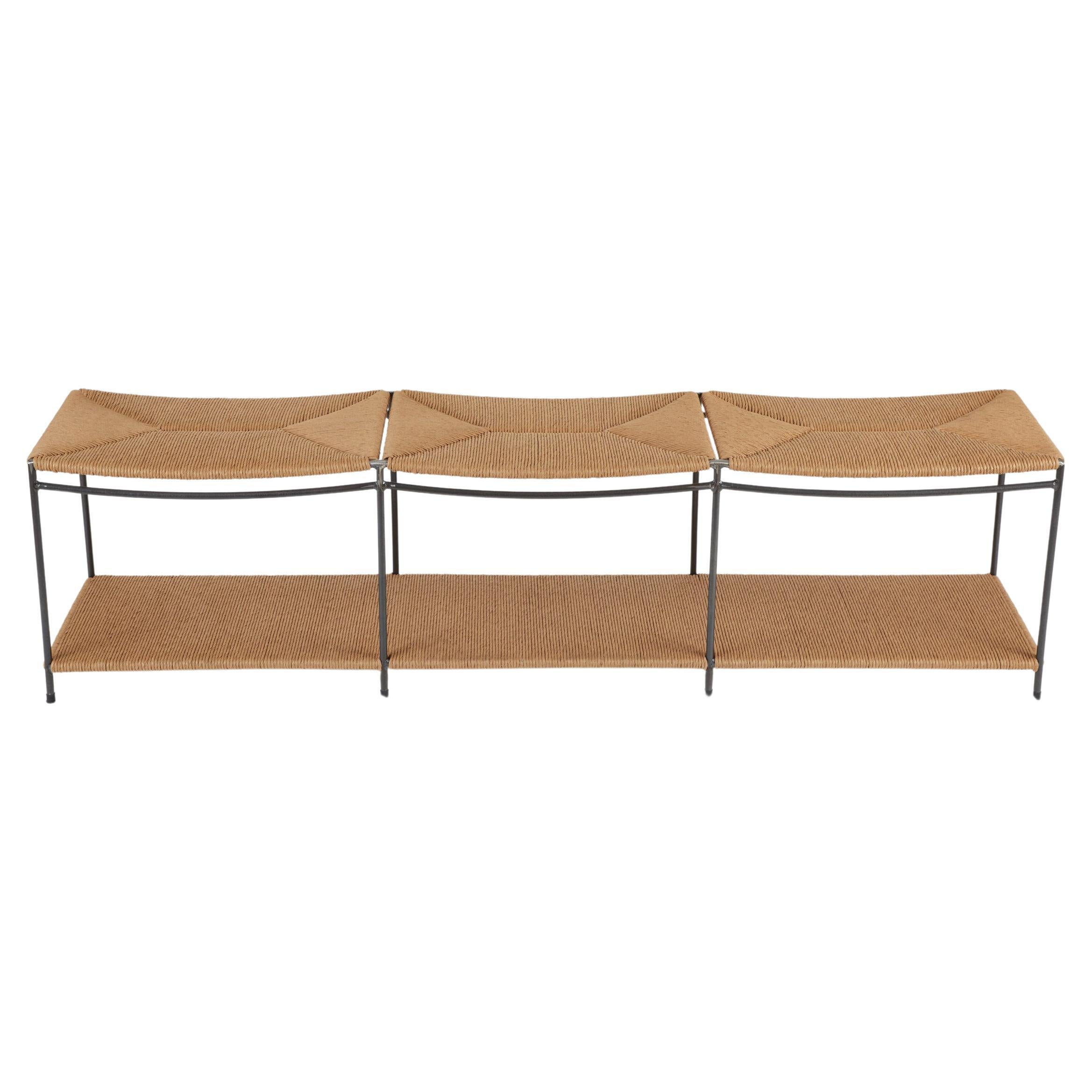 Three Seat Single Rail Handwoven Rush Bench with Shelf