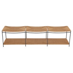Three Seat Single Rail Handwoven Rush Bench with Shelf