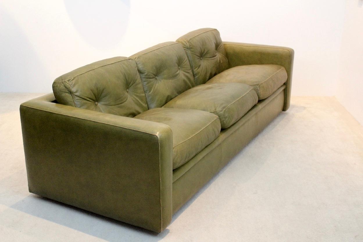 Italian Three-Seat Sofa by Poltrona Frau in Olive green leather, Italy 1970s