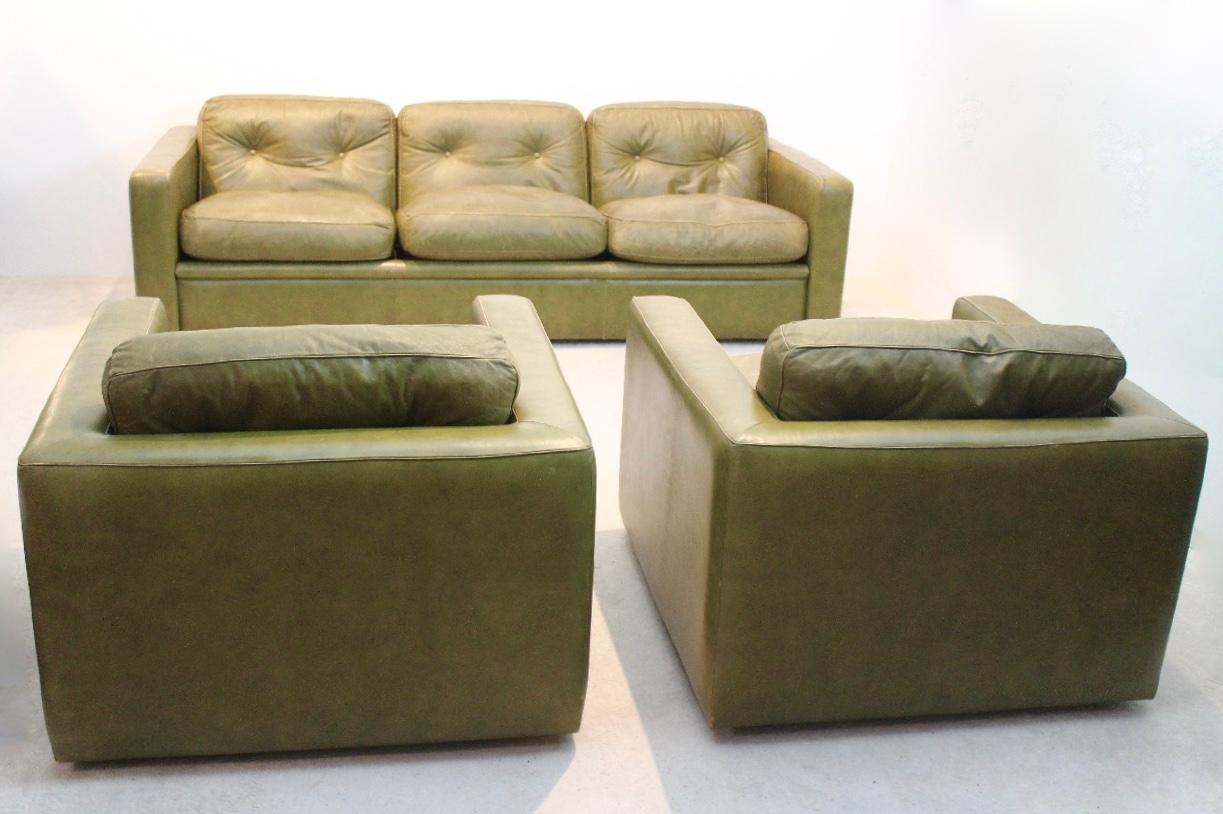 Leather Three-Seat Sofa by Poltrona Frau in Olive green leather, Italy 1970s