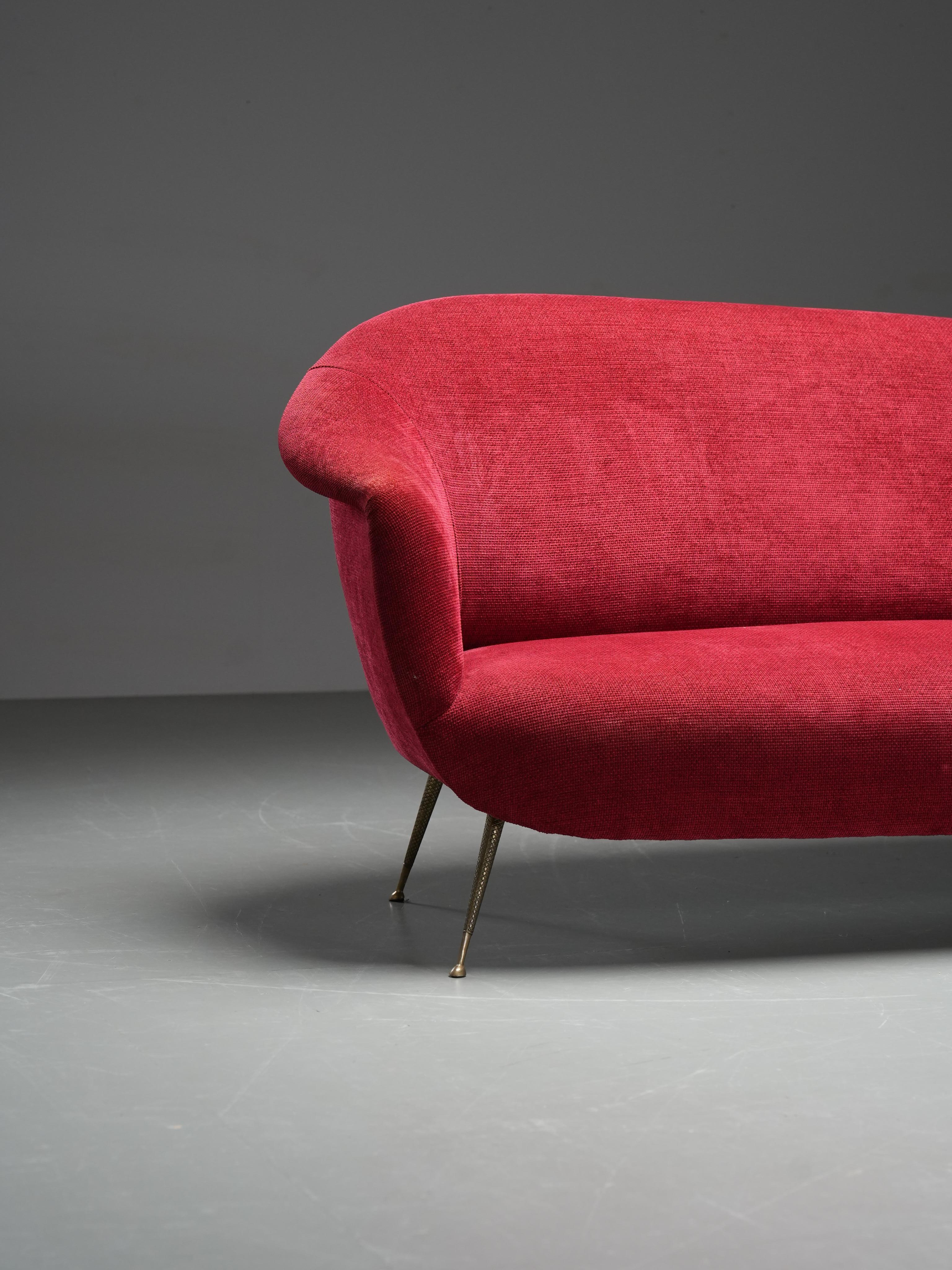 Mid-20th Century Romantic Three-Seat Sofa in Brass and Fabric, Italy, 1960s For Sale