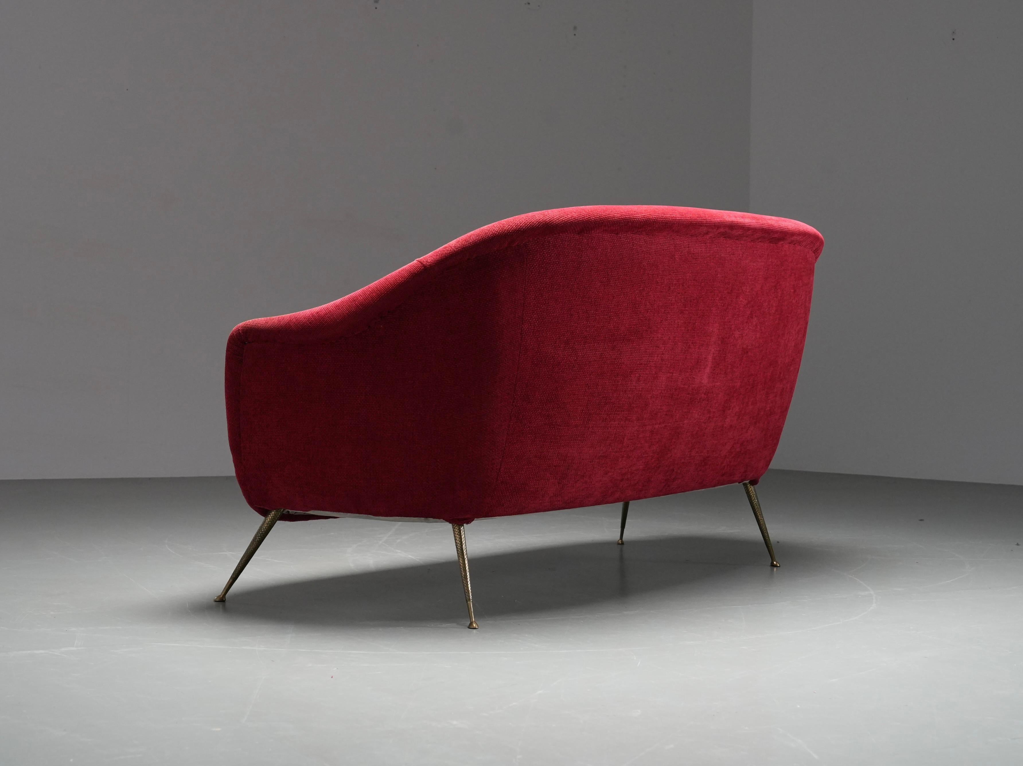 Mid-Century Modern Romantic Three-Seat Sofa in Brass and Fabric, Italy, 1960s For Sale