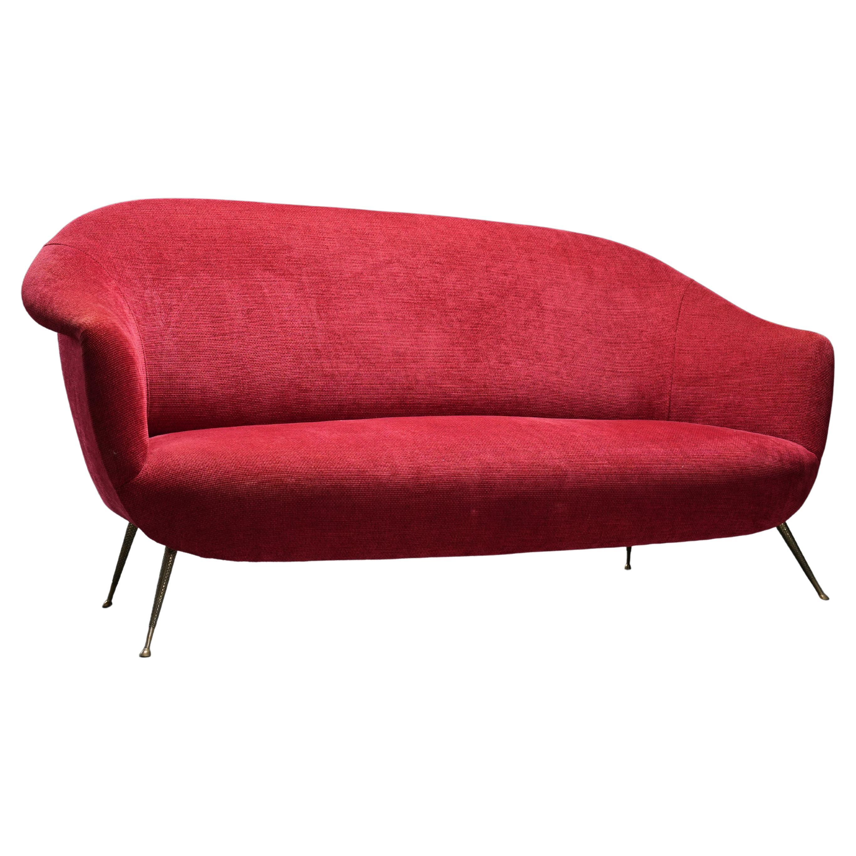 Romantic Three-Seat Sofa in Brass and Fabric, Italy, 1960s For Sale