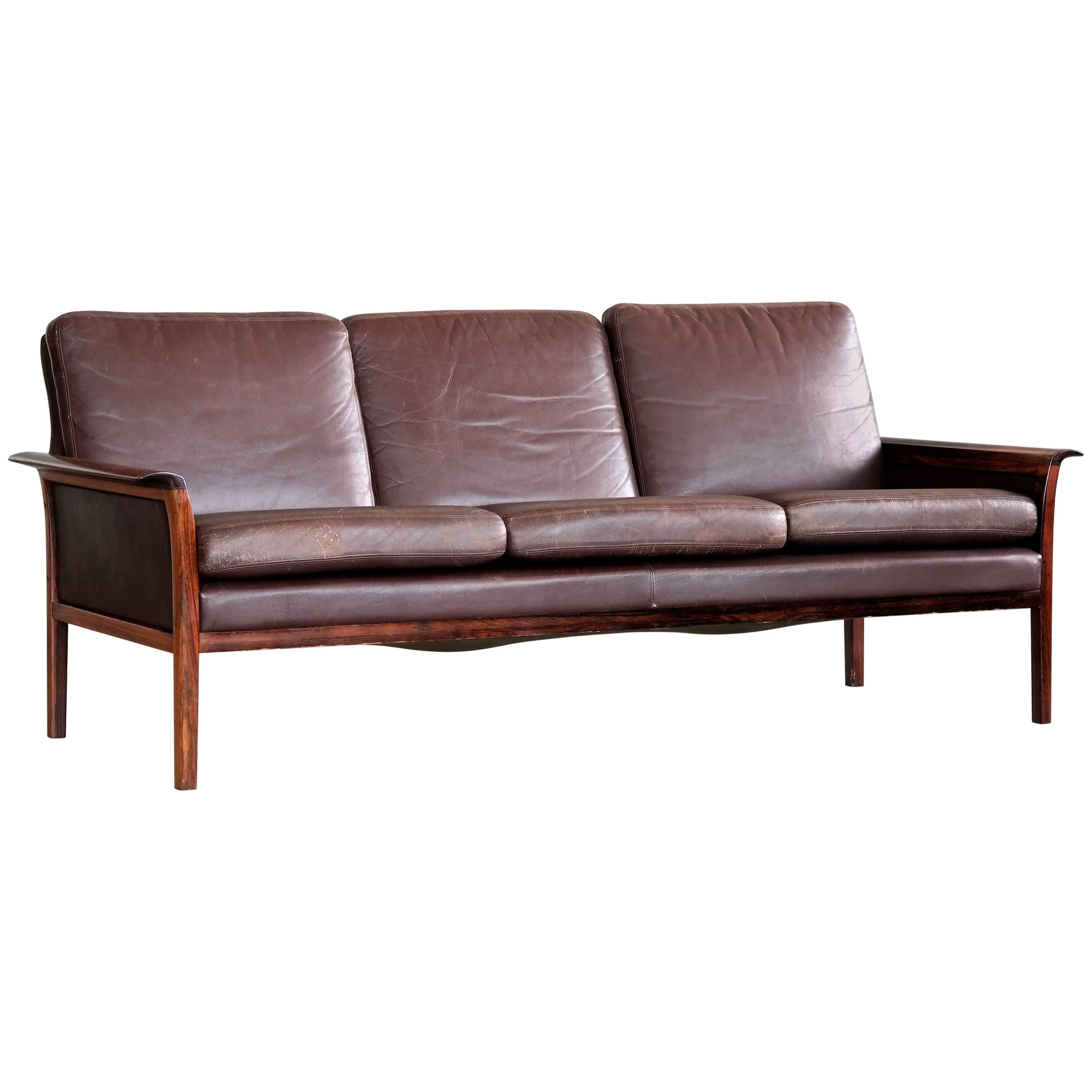 Three-Seat Sofa in Cordovan Leather and Rosewood by Hans Olsen for Vatne, Norway