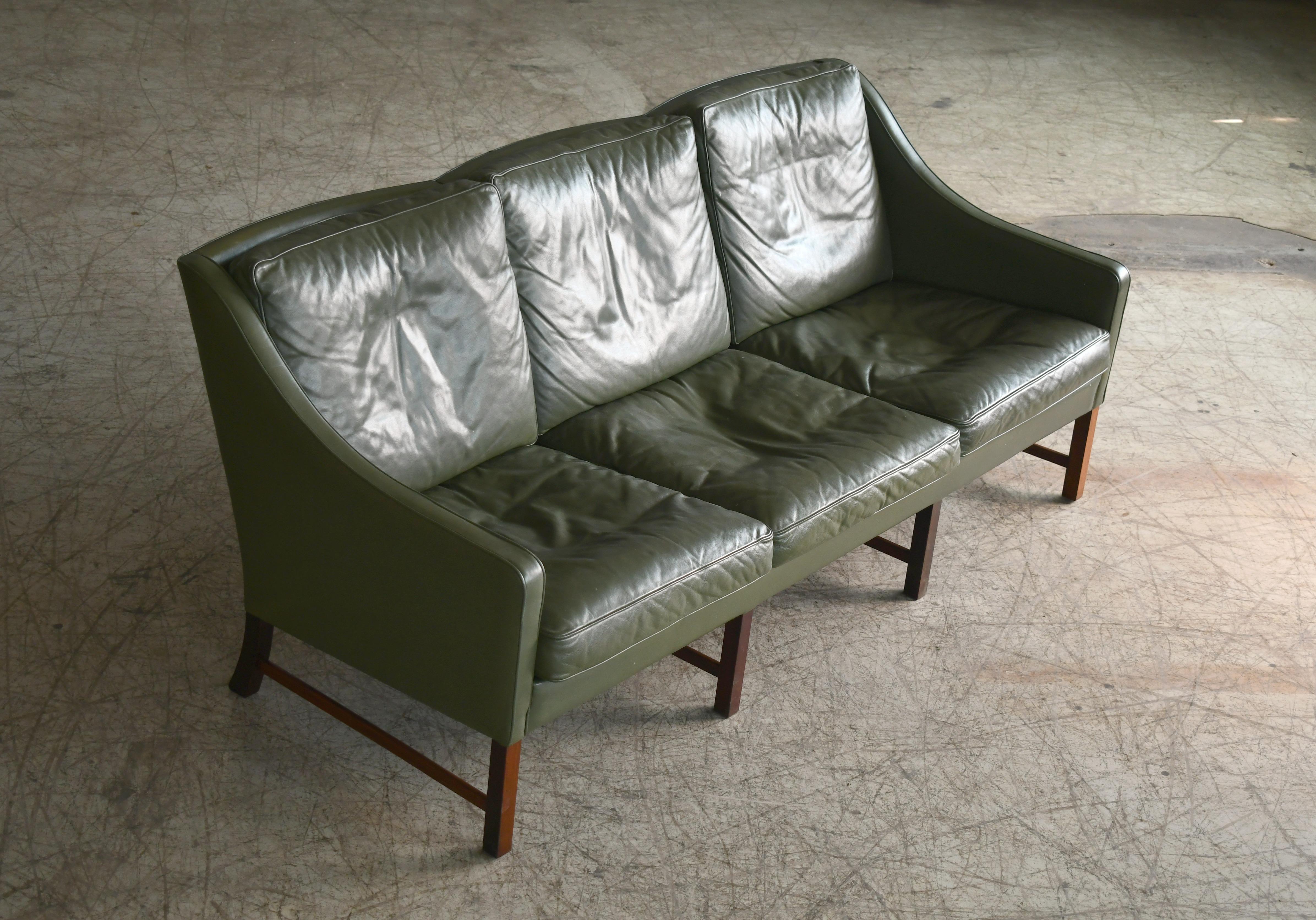 Three-Seat Sofa in Green Leather and Rosewood Attributed to Fredrik Kayser 3
