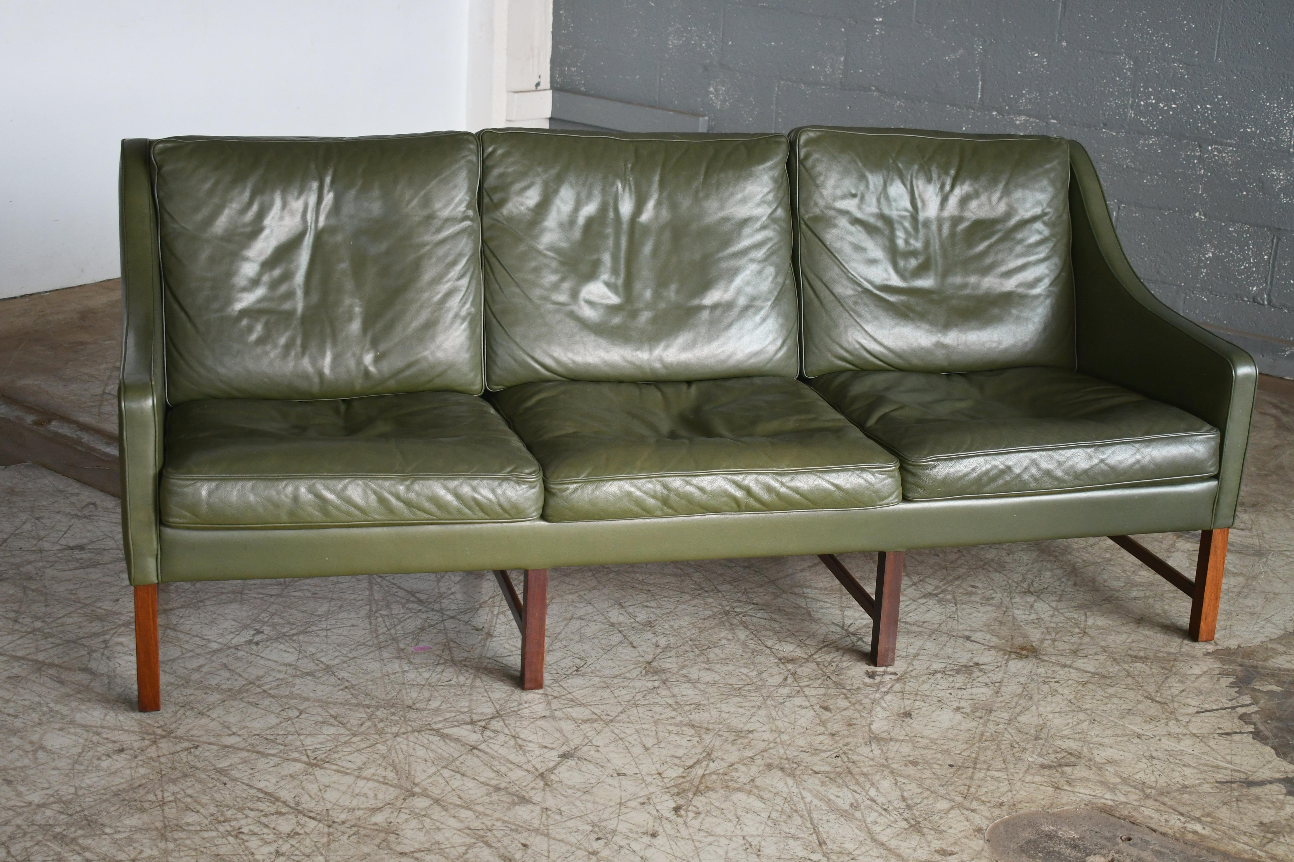 Three-Seat Sofa in Green Leather and Rosewood Attributed to Fredrik Kayser 4