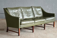 Three-Seat Sofa in Green Leather and Rosewood Attributed to Fredrik Kayser