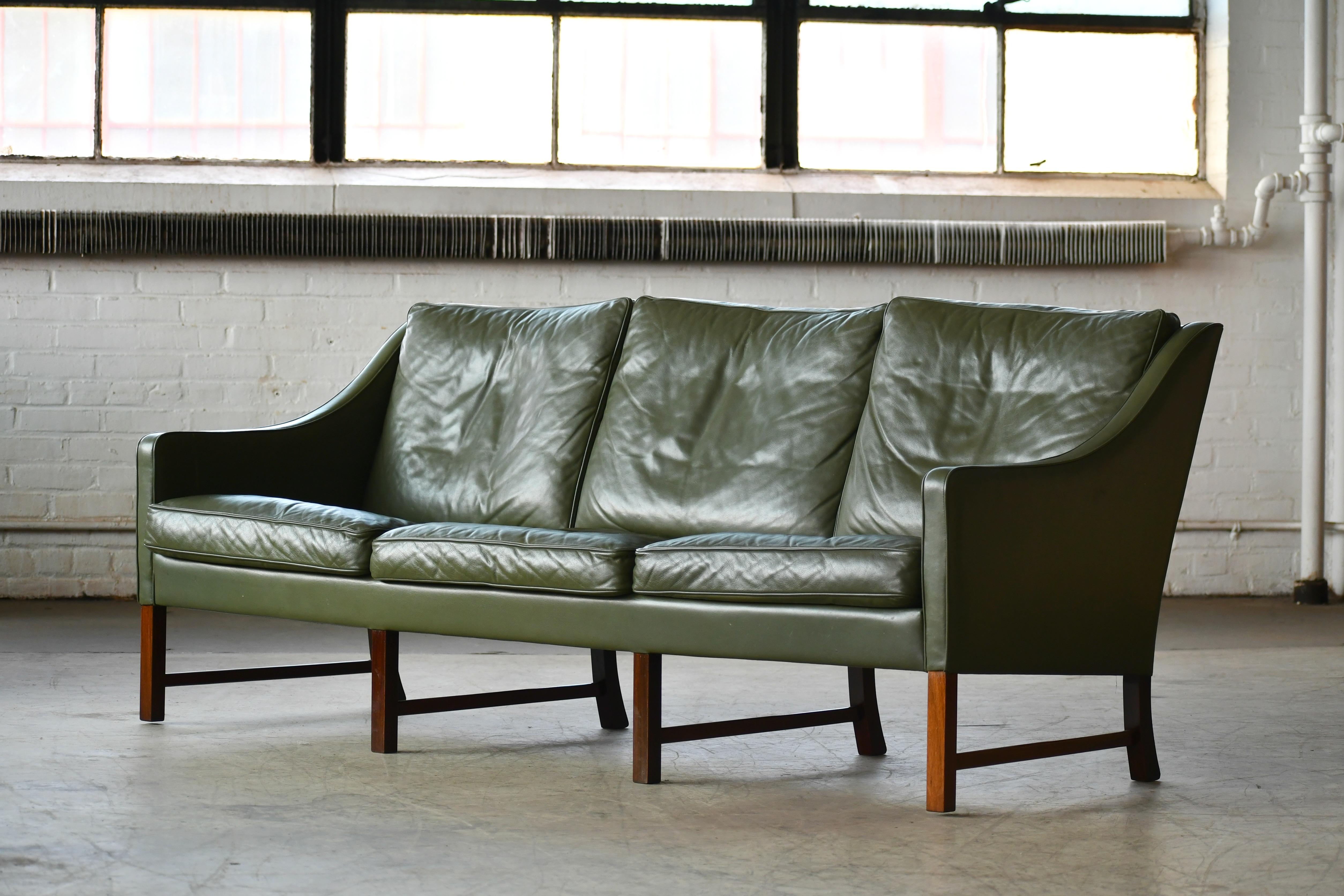 Norwegian Three-Seat Sofa in Green Leather and Rosewood Attributed to Fredrik Kayser