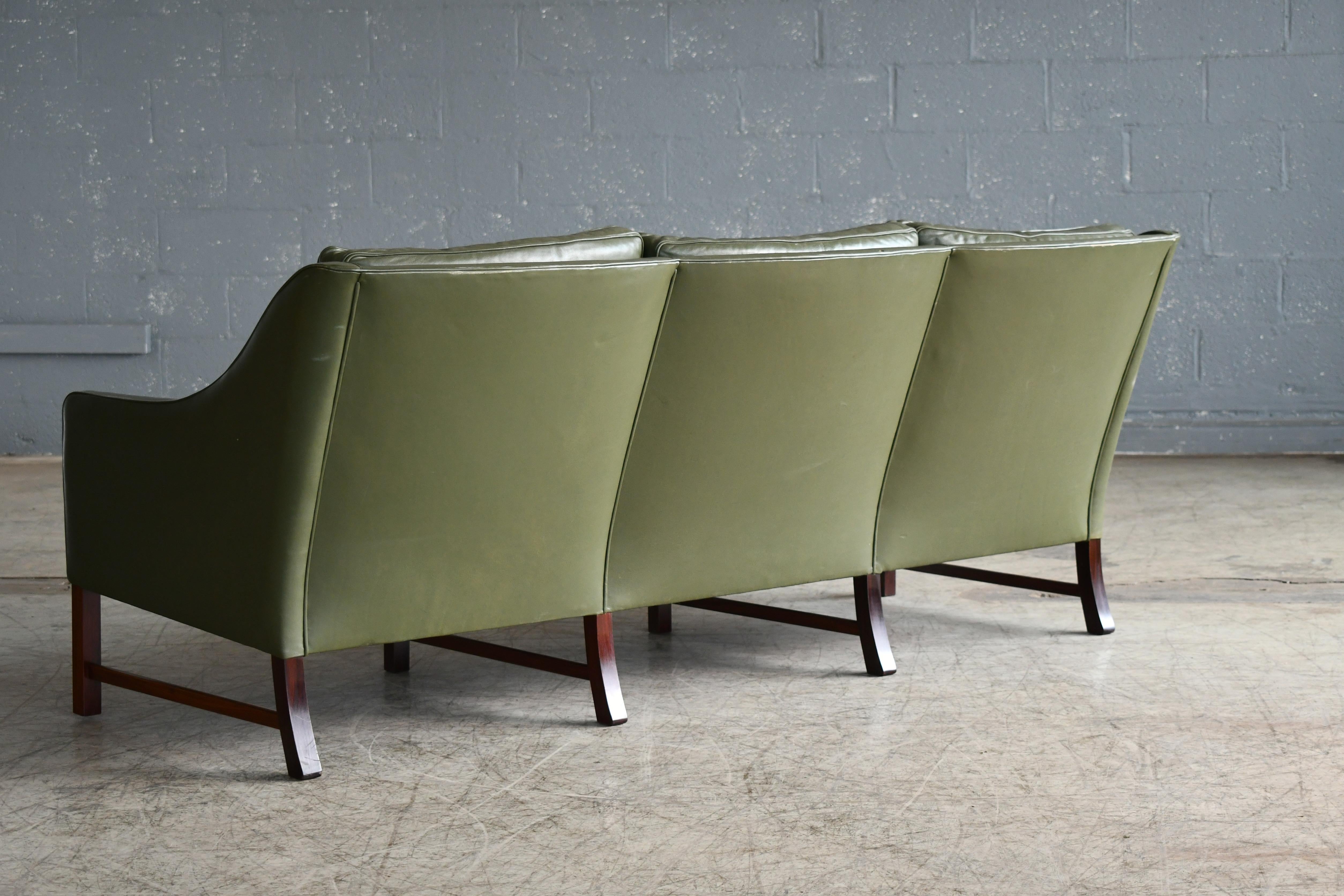 Three-Seat Sofa in Green Leather and Rosewood Attributed to Fredrik Kayser 1