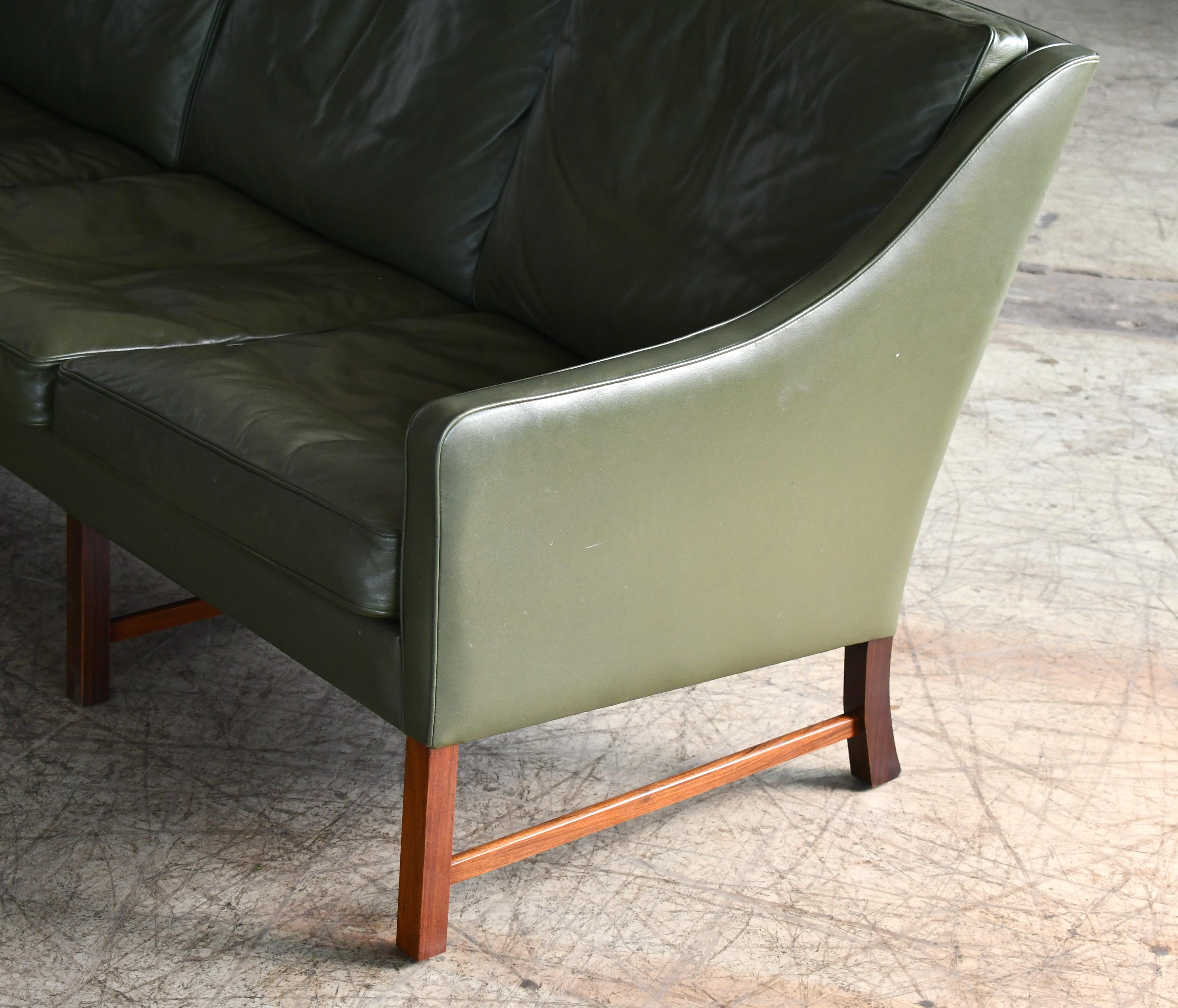 Three-Seat Sofa in Green Leather and Rosewood Attributed to Fredrik Kayser 2