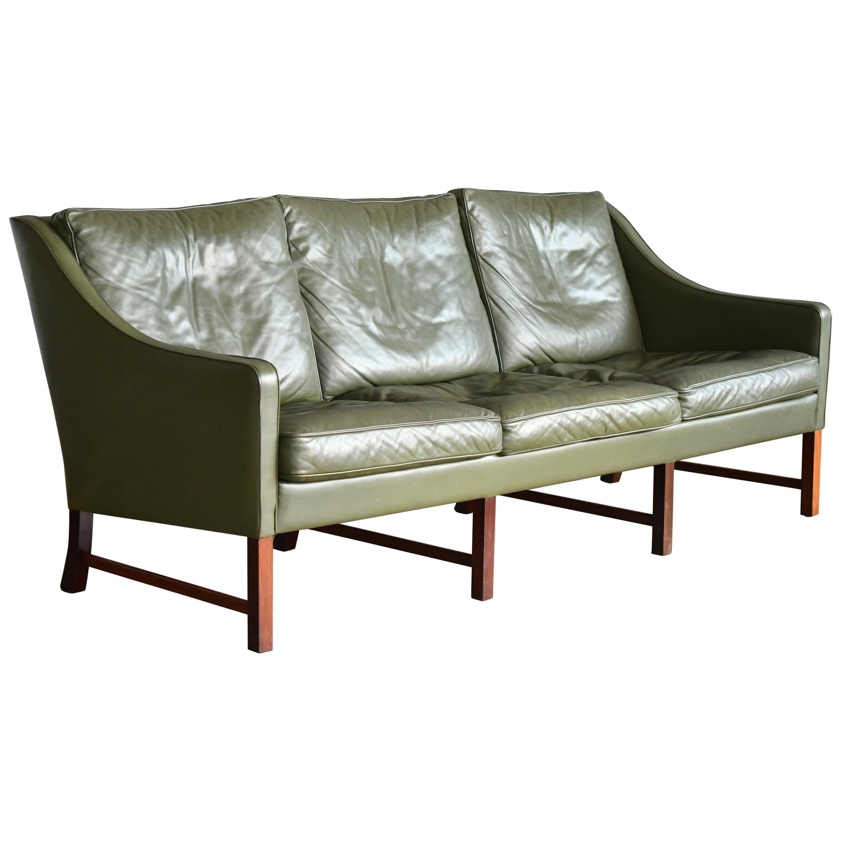 Three-Seat Sofa in Green Leather and Rosewood Attributed to Fredrik Kayser