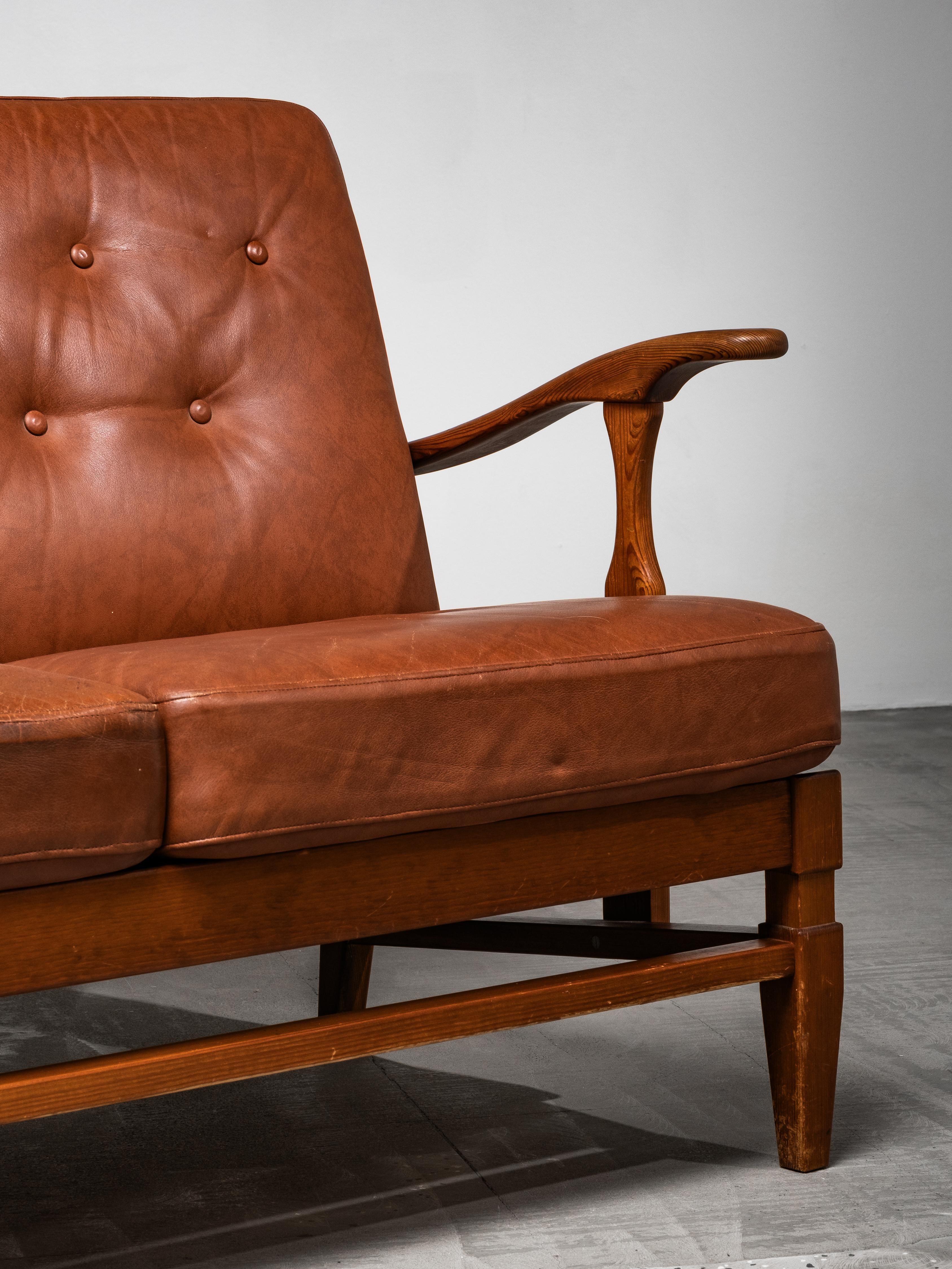 Three-Seat Sofa in Pine and Cognac Leather by Göperts Möbler, Sweden, 1940s For Sale 1