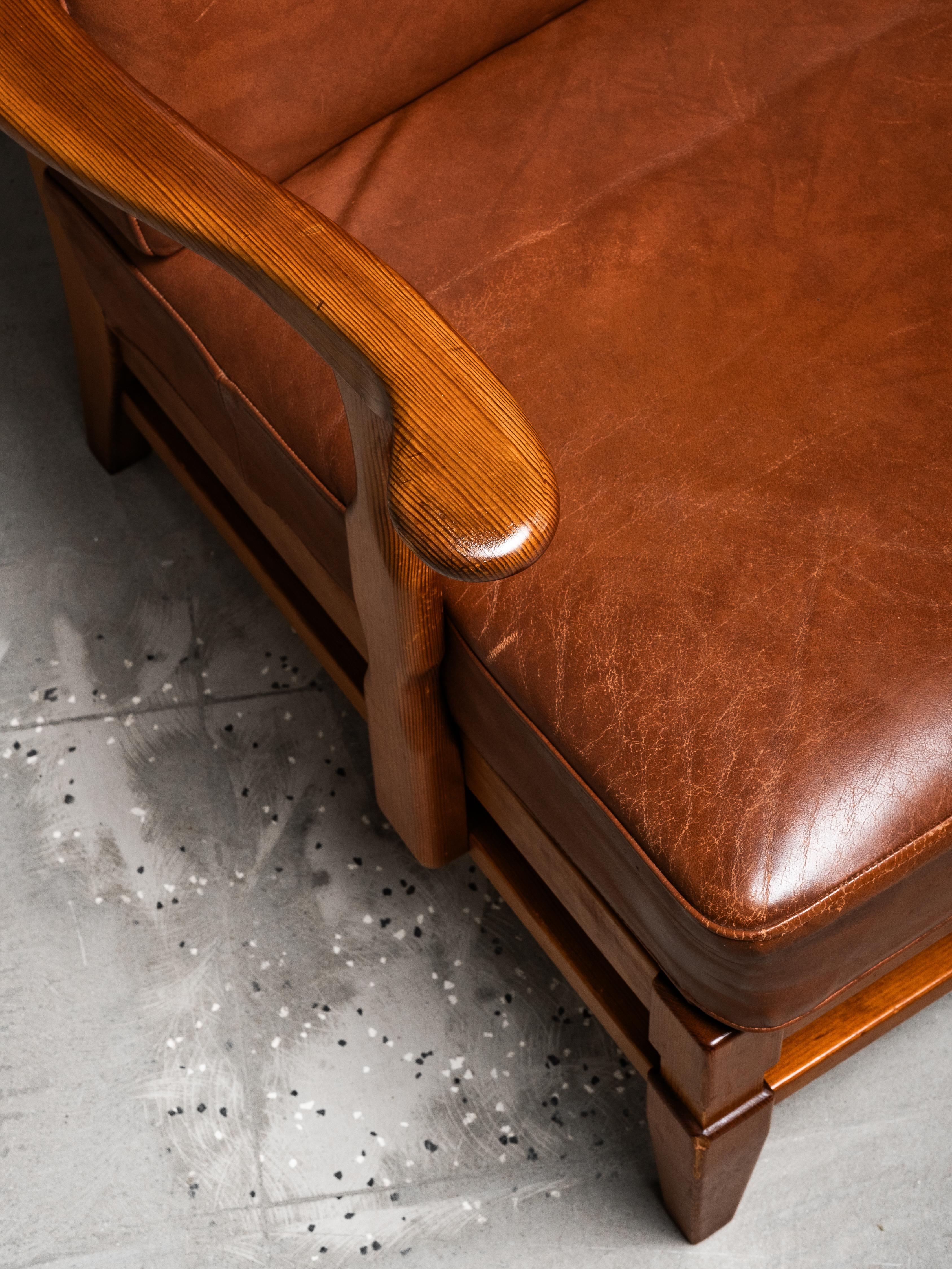 Three-Seat Sofa in Pine and Cognac Leather by Göperts Möbler, Sweden, 1940s For Sale 2
