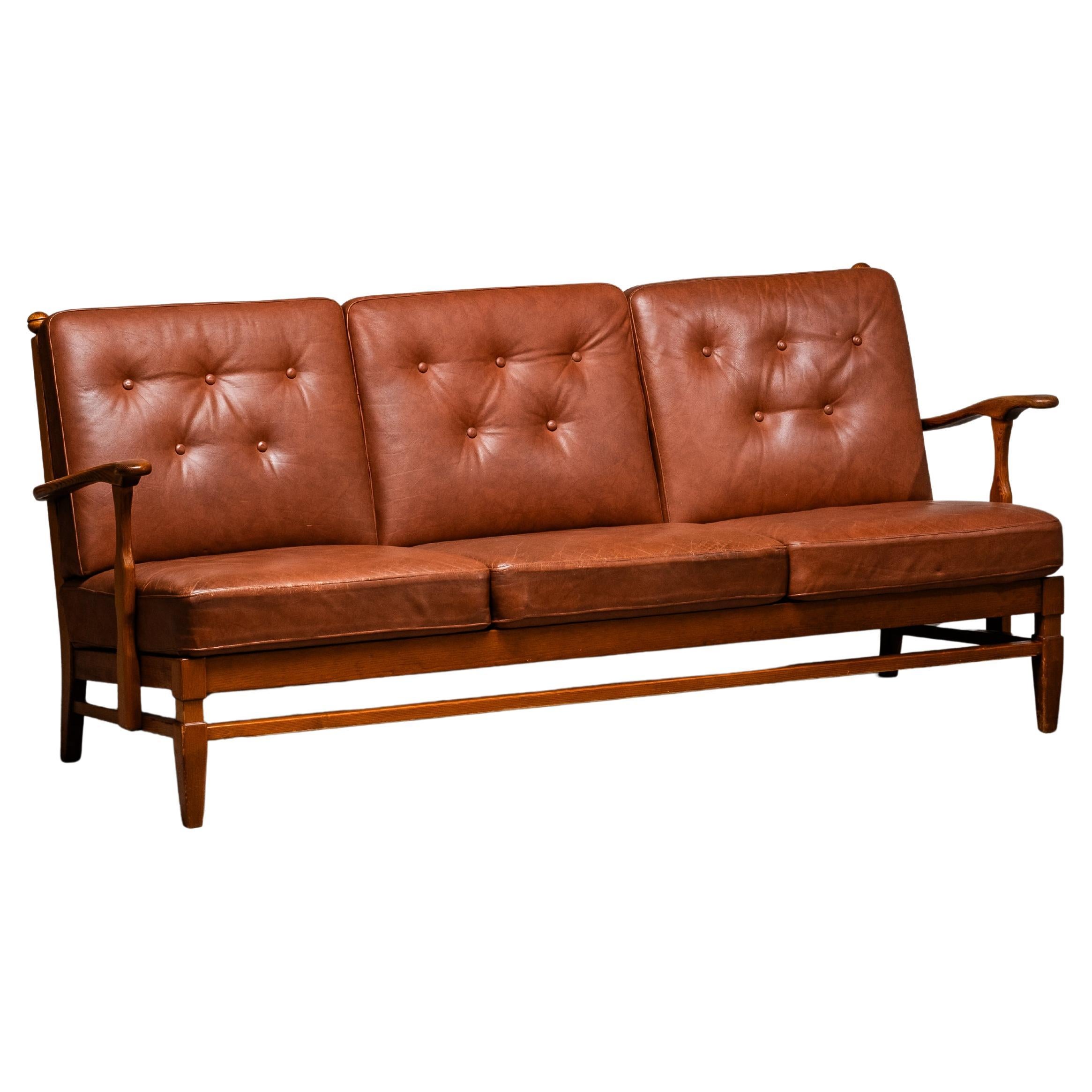 Three-Seat Sofa in Pine and Cognac Leather by Göperts Möbler, Sweden, 1940s For Sale