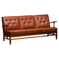 Three-Seat Sofa in Pine and Cognac Leather by Göperts Möbler, Sweden, 1940s