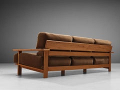 Three-Seat Sofa in Teak and Brown Velvet Cushions