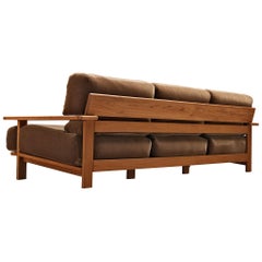 Three-Seat Sofa in Teak and Brown Velvet Cushions