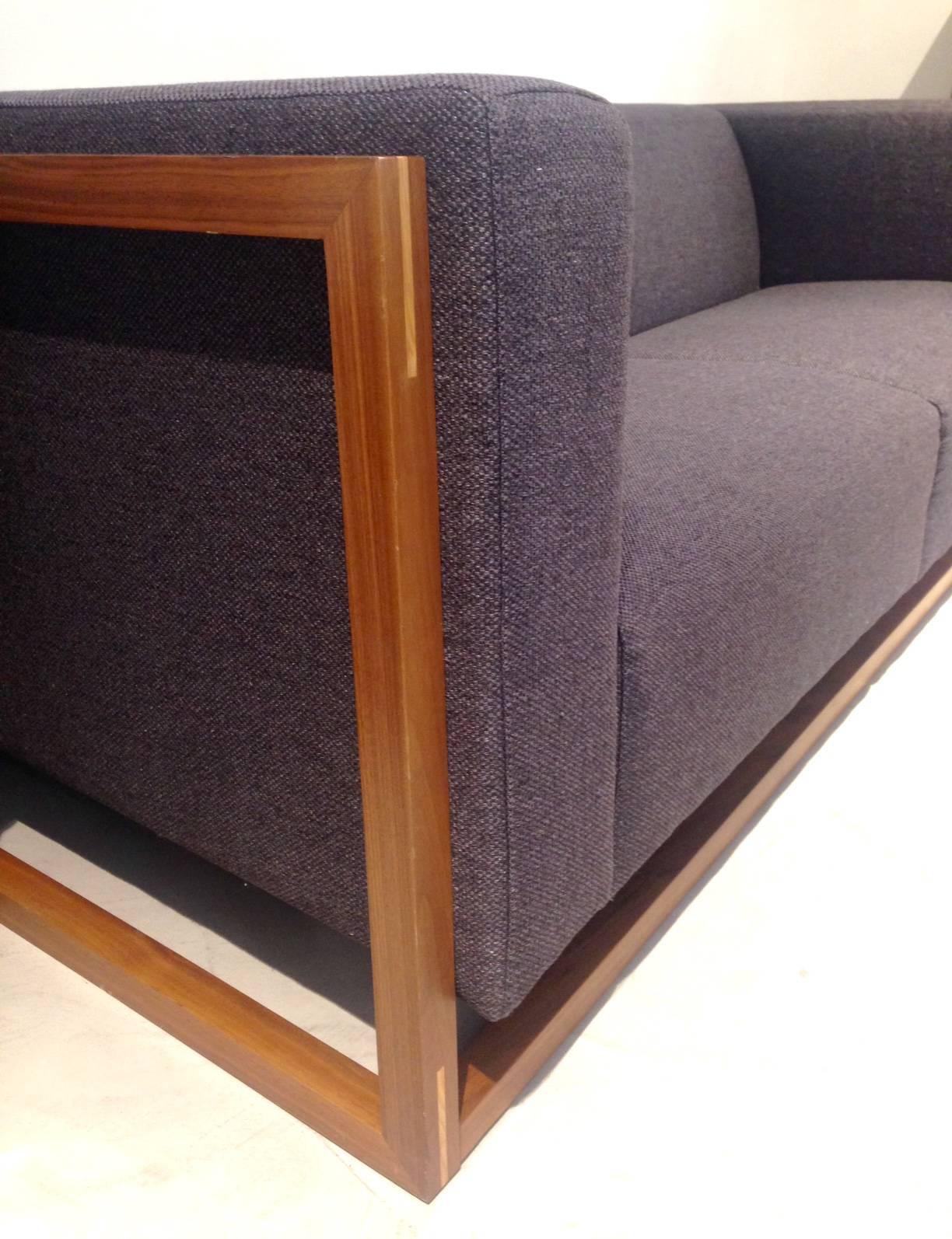 Modern Three-Seat Sofa with Solid Walnut Frame and Grey Upholstery 1