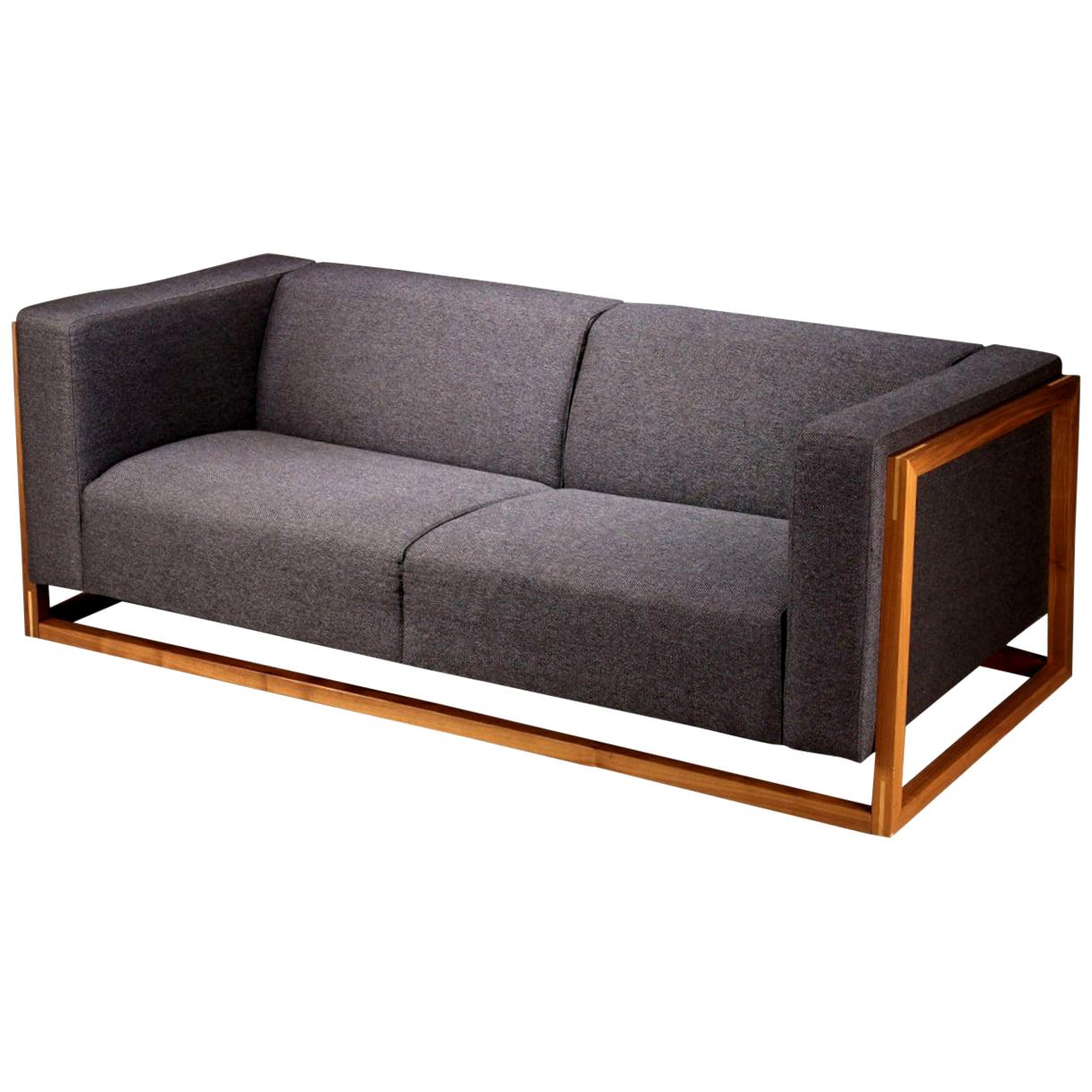 Three-Seat Sofa with Solid Walnut Frame and Grey Upholstery
