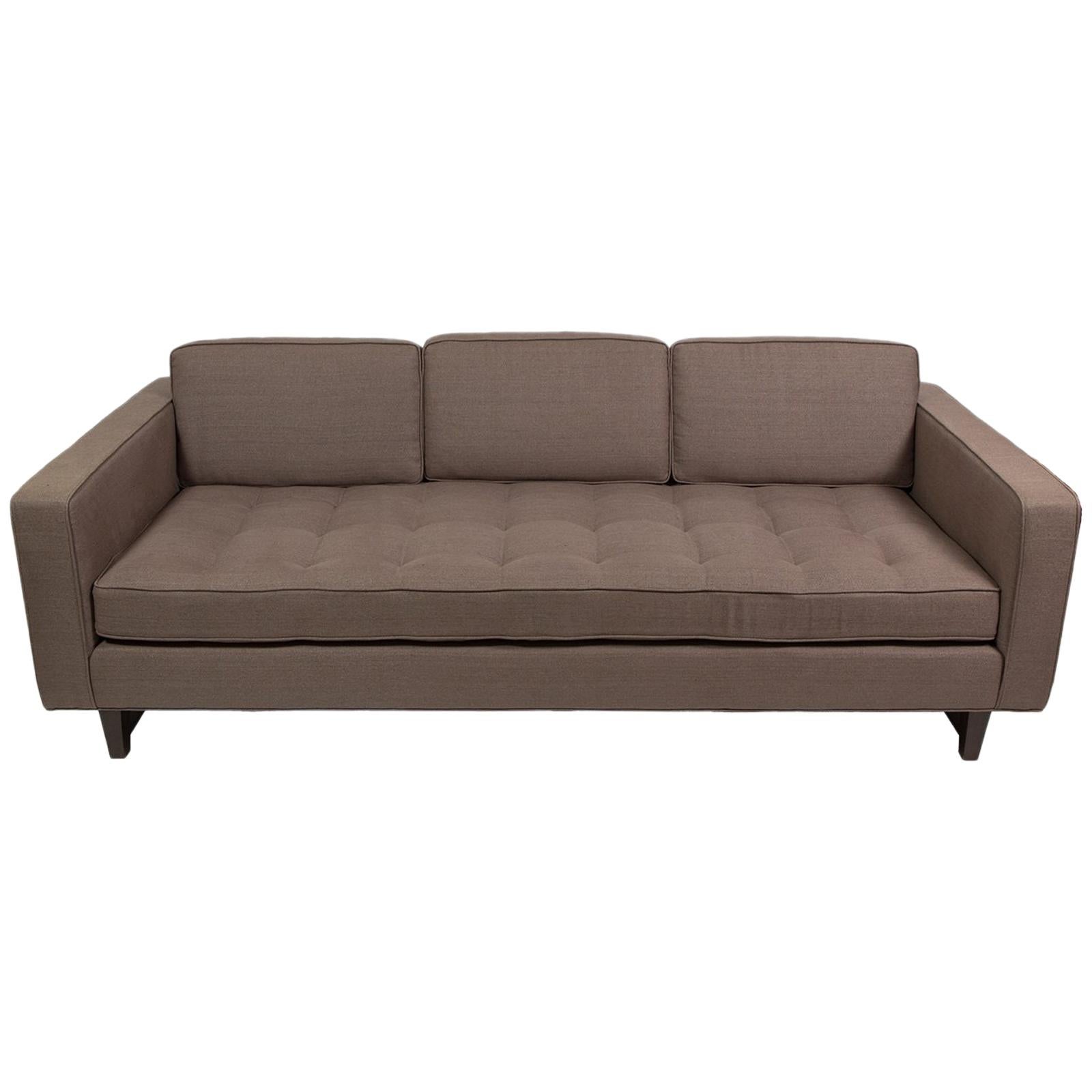 Three-Seat Sofa with Walnut Frame and Button Tufted Seat in Grey Linen