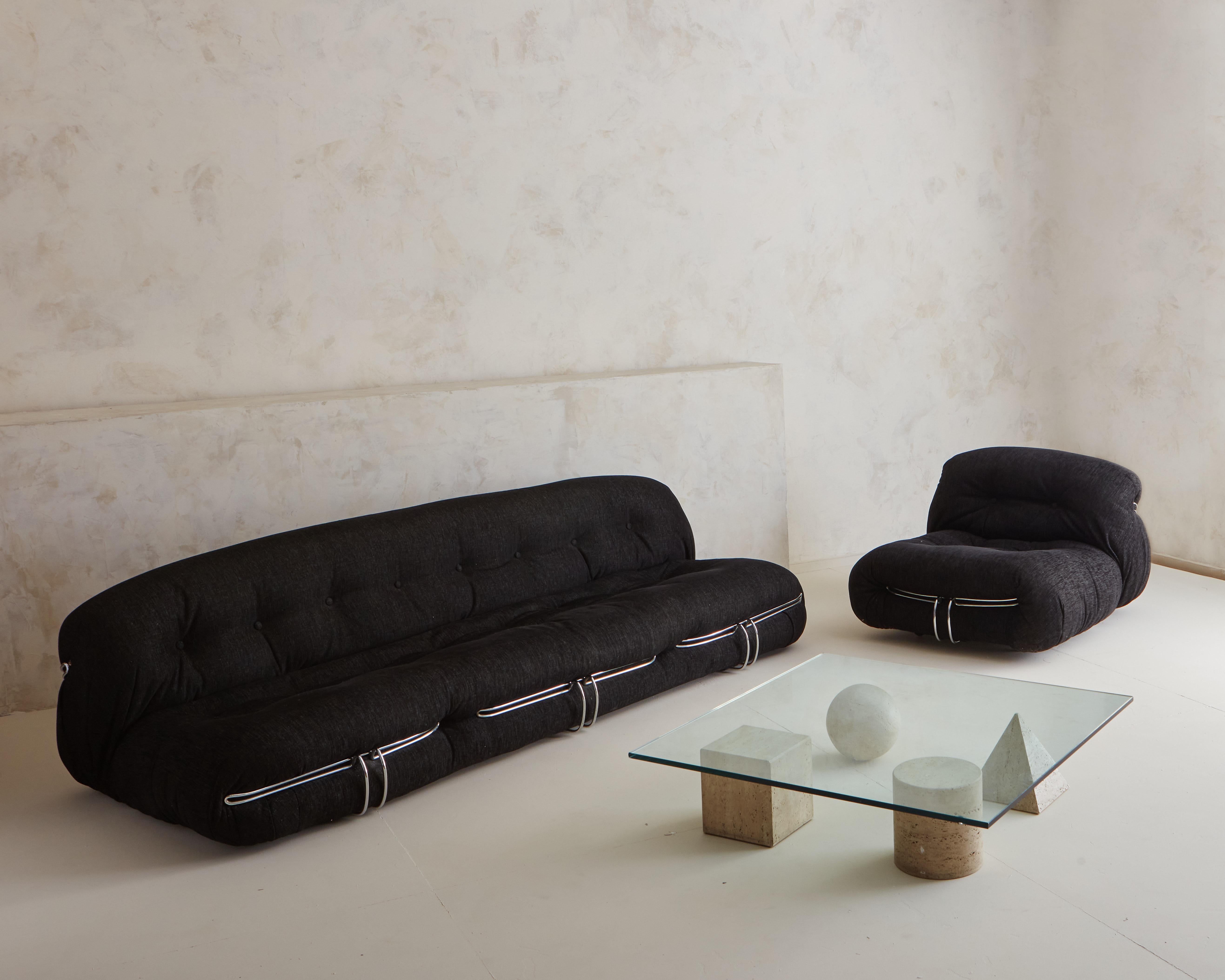 Mid-Century Modern Three Seat Soriana Sofa by Afra and Tobia Scarpa for Cassina in Black Chenille F