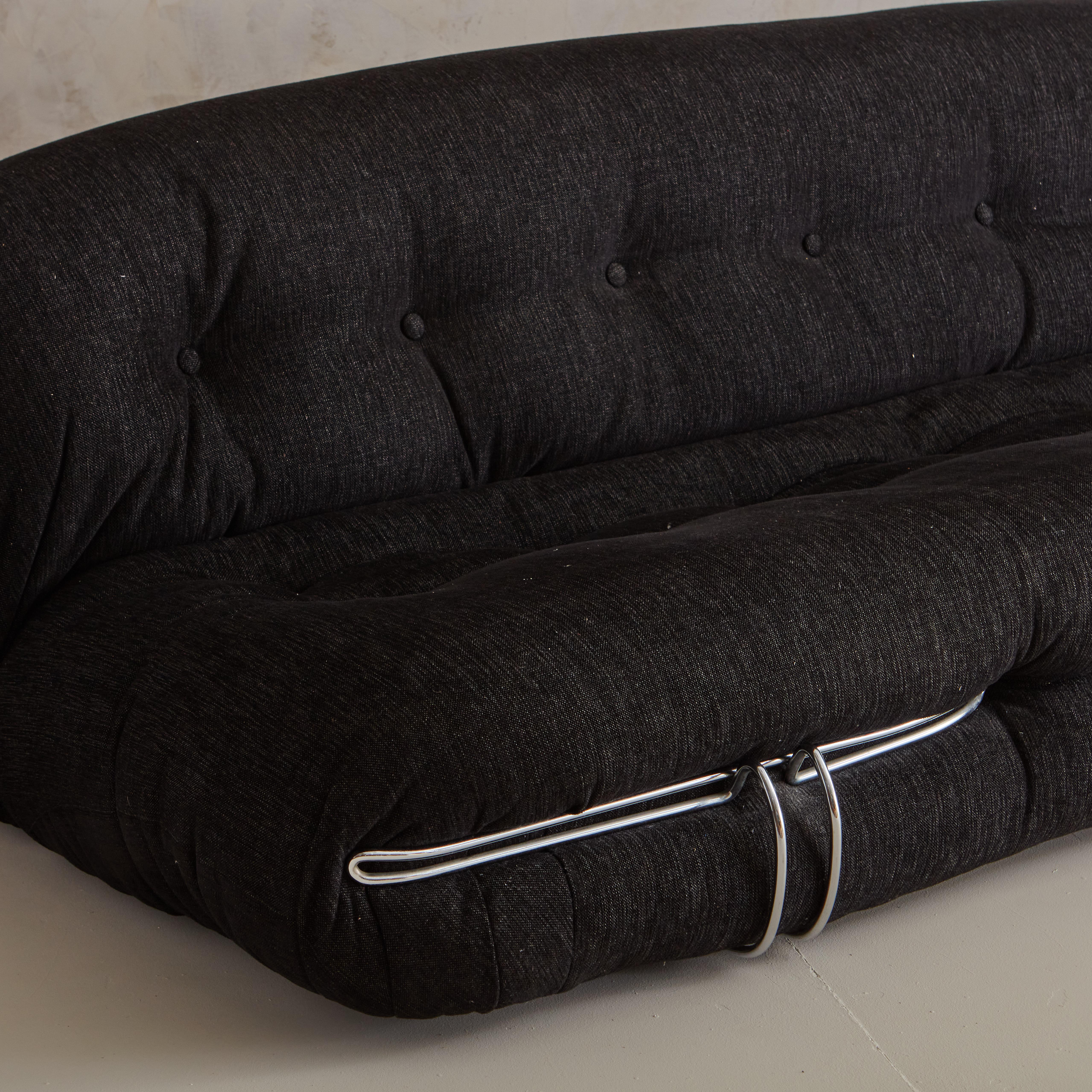 European Three Seat Soriana Sofa by Afra and Tobia Scarpa for Cassina in Black Chenille F