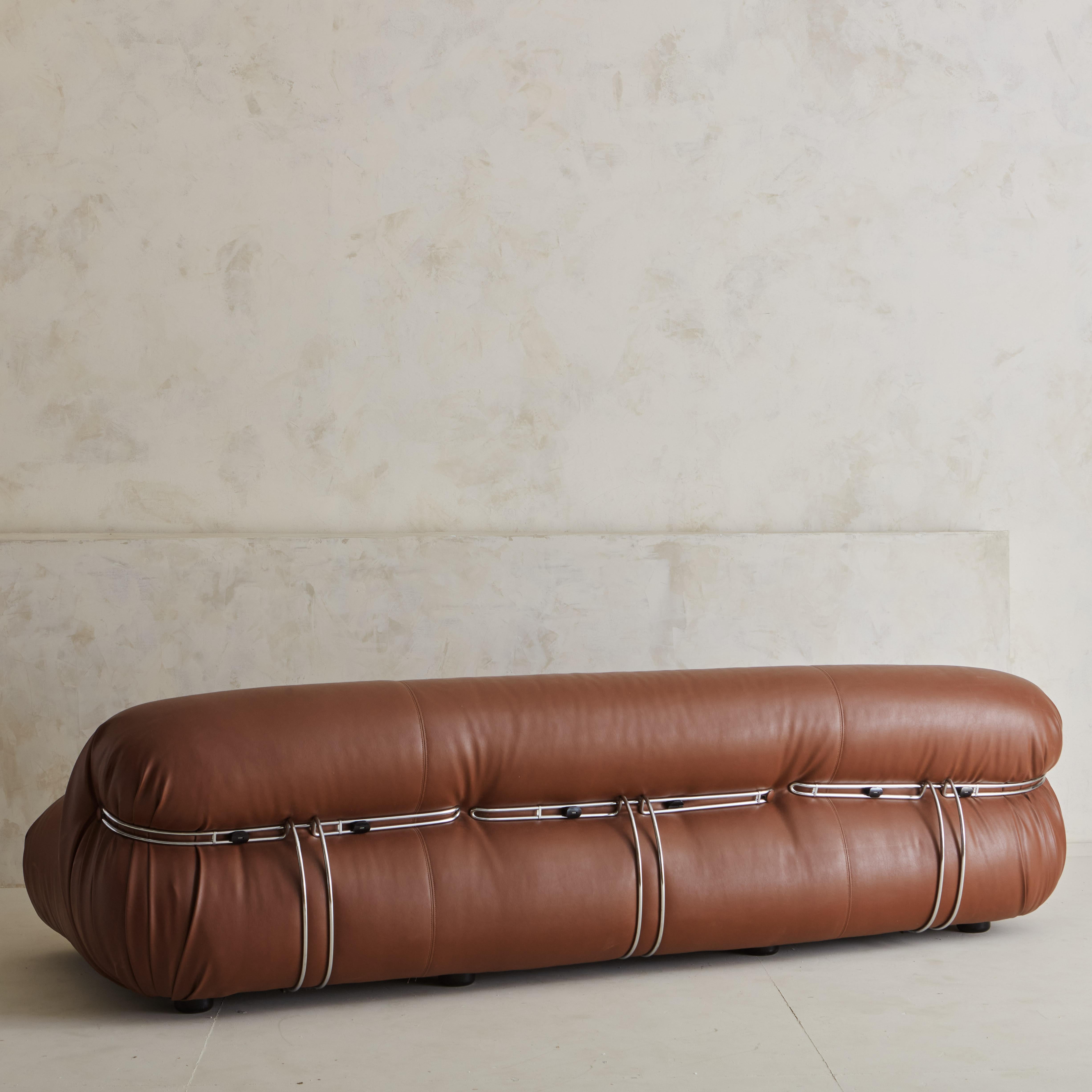 Mid-Century Modern Three Seat Soriana Sofa by Afra and Tobia Scarpa for Cassina in Cognac Vinyl