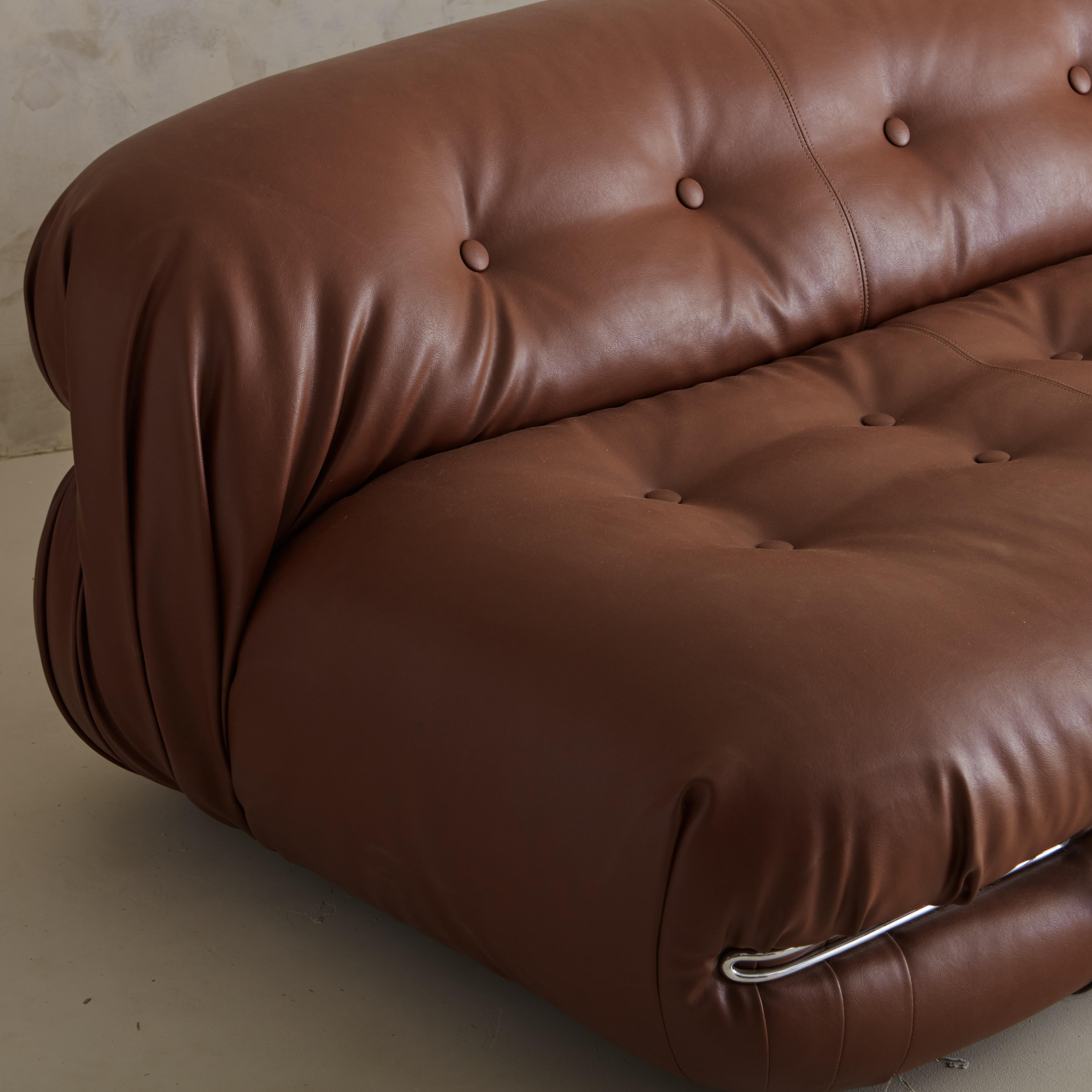 Faux Leather Three Seat Soriana Sofa by Afra and Tobia Scarpa for Cassina in Cognac Vinyl