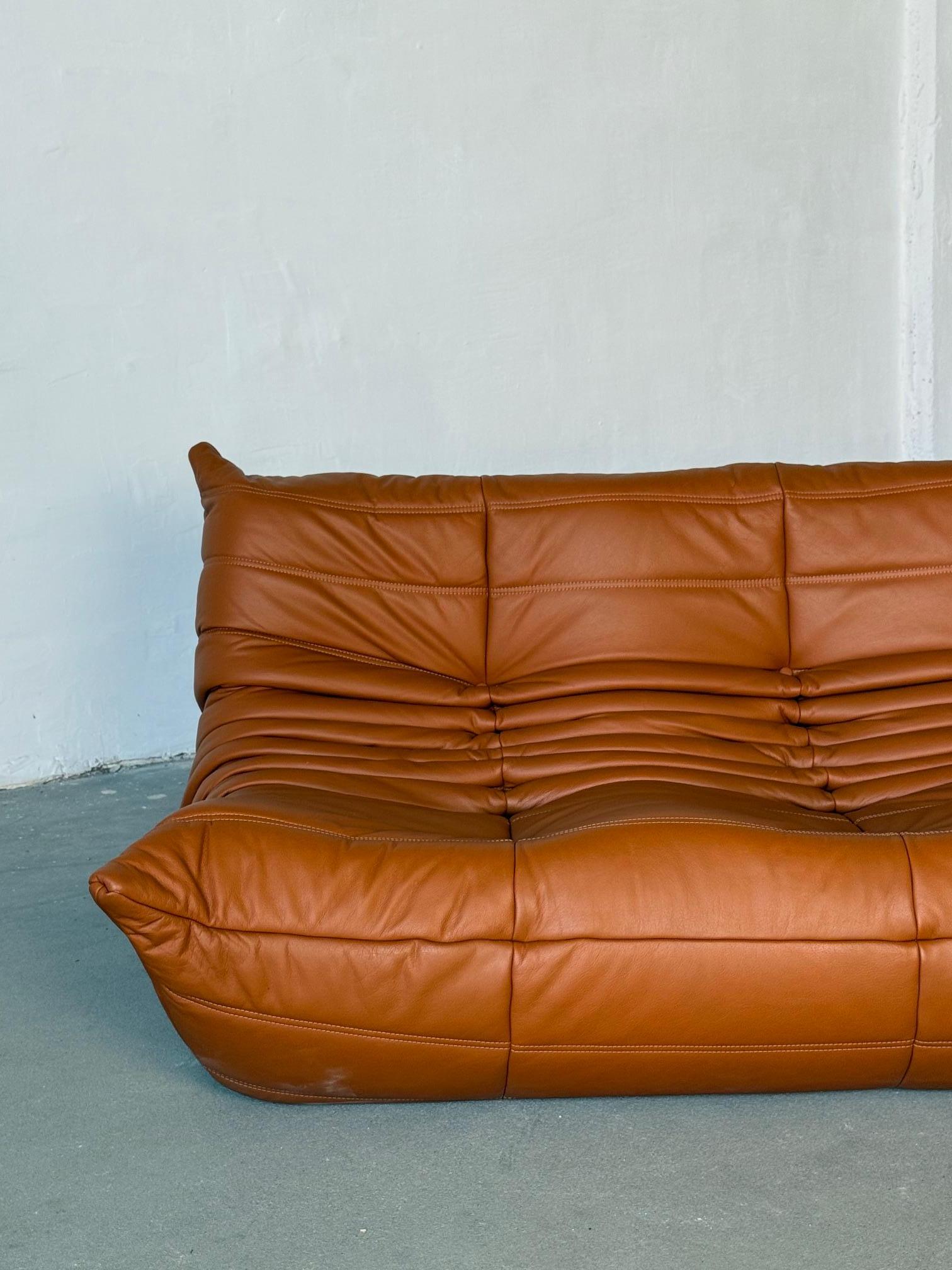Three-Seat Togo Sofa by Michel Ducaroy for Ligne Roset in Caramel Leather In Excellent Condition For Sale In Astoria, NY