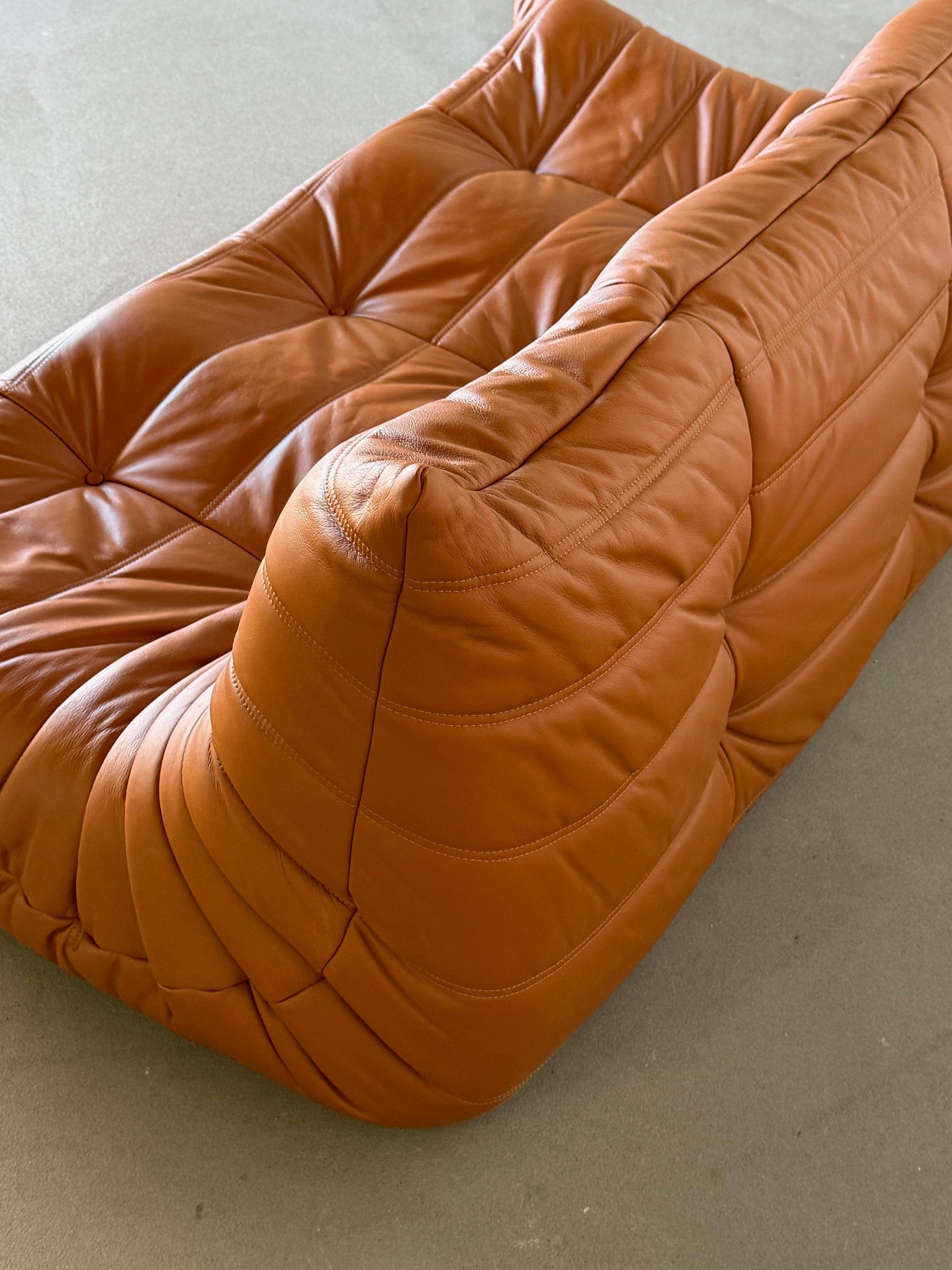 Late 20th Century Three-Seat Togo Sofa by Michel Ducaroy for Ligne Roset in Caramel Leather For Sale