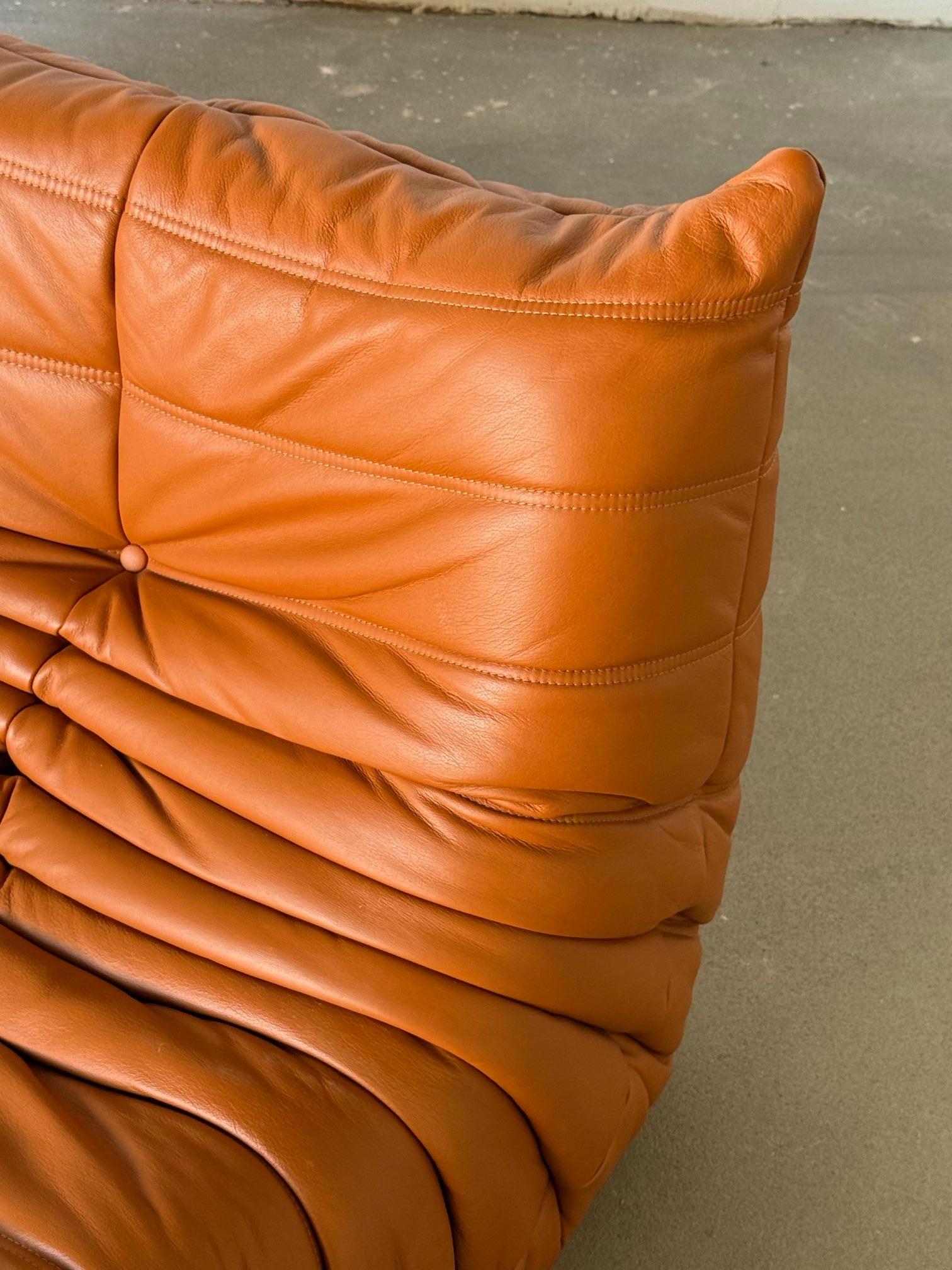 Three-Seat Togo Sofa by Michel Ducaroy for Ligne Roset in Caramel Leather For Sale 1