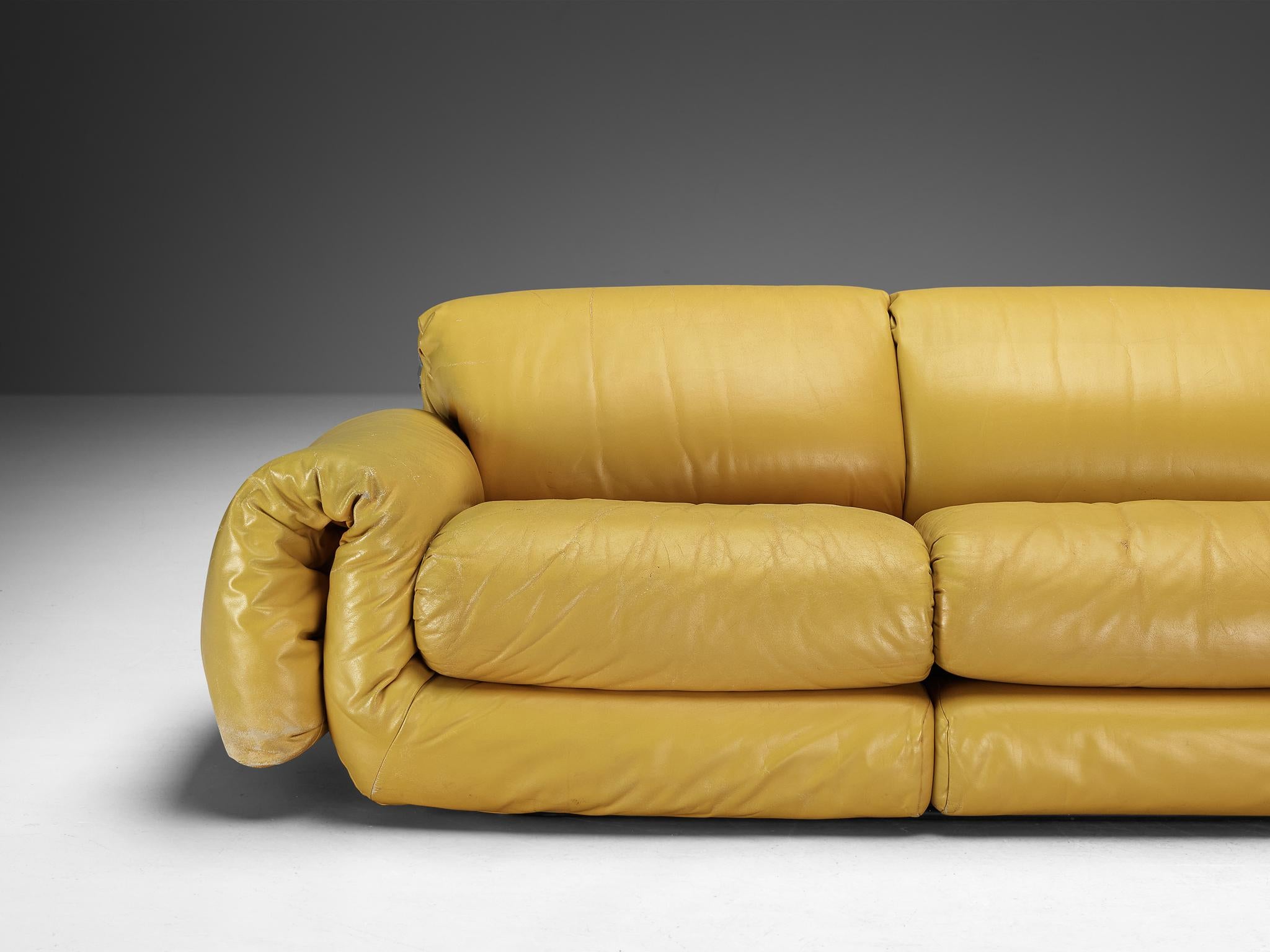 Post-Modern Three Seat Voluptuous Sofa in Yellow Leather  For Sale