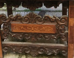 Three-Seater Bench carved and inlaid in the back, armrests and lower motif