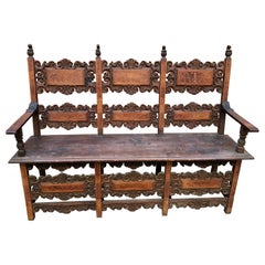 Three-Seater Bench carved and inlaid in the back, armrests and lower motif